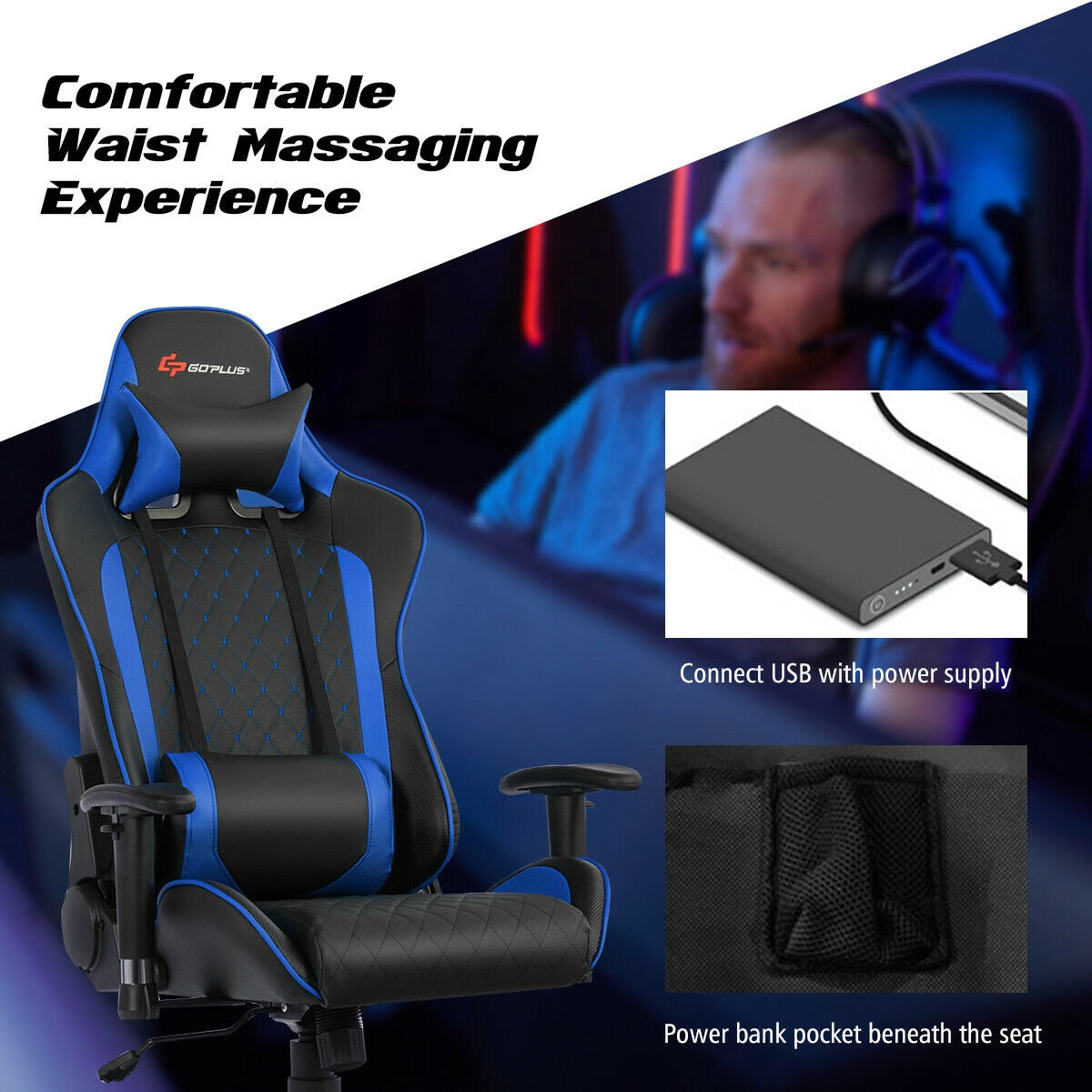 Massage Gaming Chair with Lumbar Support and Headrest-Blue-Gaming Chairs-DECOROLALA