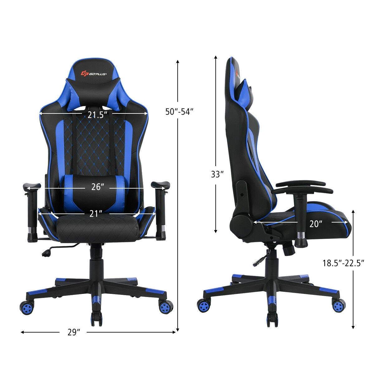 Massage Gaming Chair with Lumbar Support and Headrest-Blue-Gaming Chairs-DECOROLALA