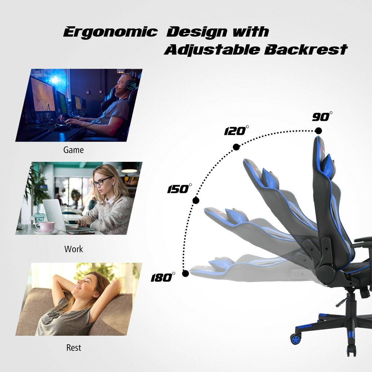 Massage Gaming Chair with Lumbar Support and Headrest-Blue-Gaming Chairs-DECOROLALA