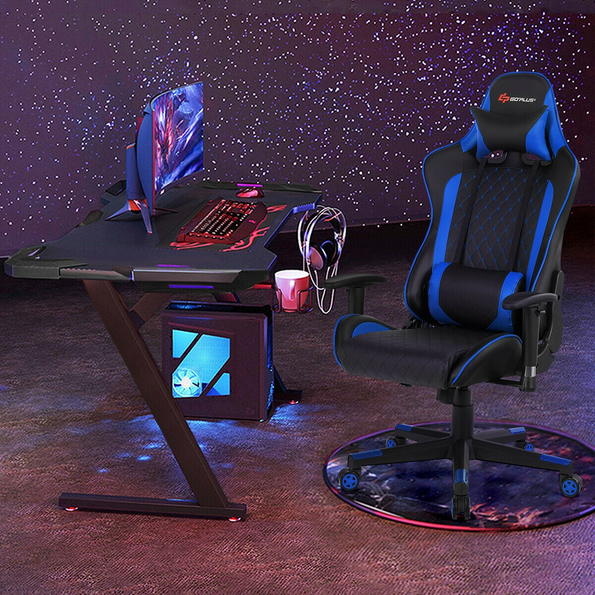 Massage Gaming Chair with Lumbar Support and Headrest-Blue-Gaming Chairs-DECOROLALA