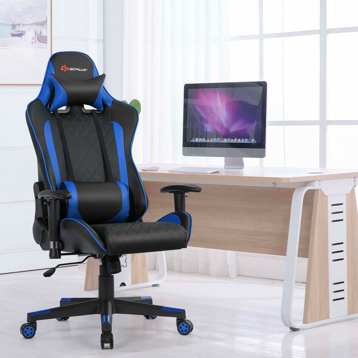 Massage Gaming Chair with Lumbar Support and Headrest-Blue-Gaming Chairs-DECOROLALA