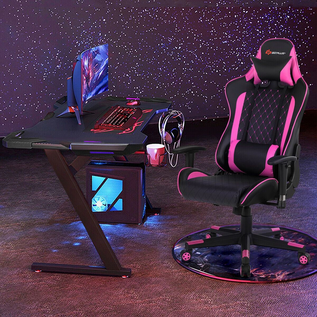 Massage Gaming Chair with Lumbar Support and Headrest-Pink-Gaming Chairs-DECOROLALA