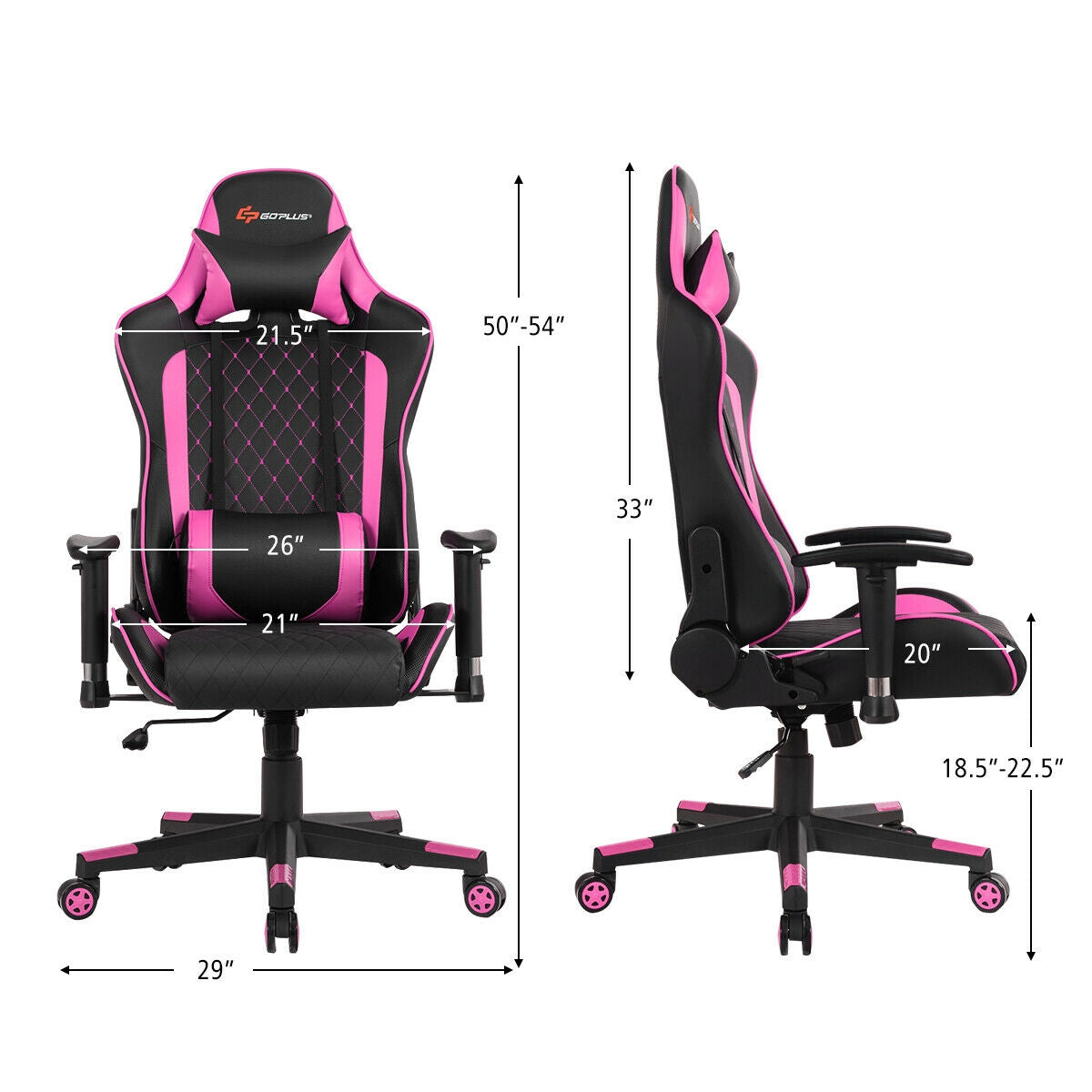Massage Gaming Chair with Lumbar Support and Headrest-Pink-Gaming Chairs-DECOROLALA