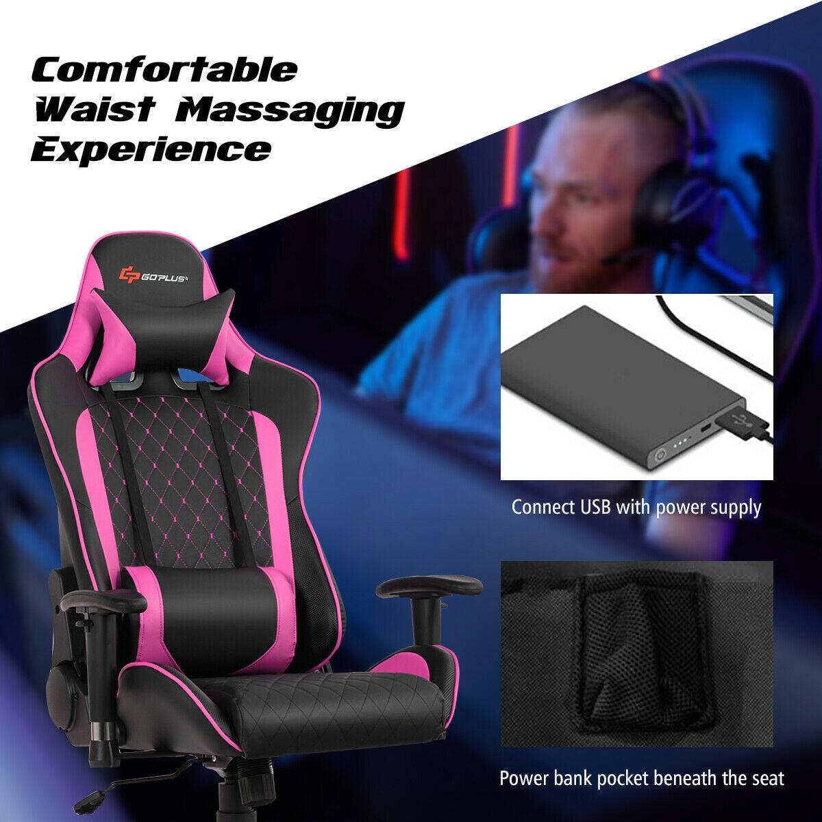 Massage Gaming Chair with Lumbar Support and Headrest-Pink-Gaming Chairs-DECOROLALA