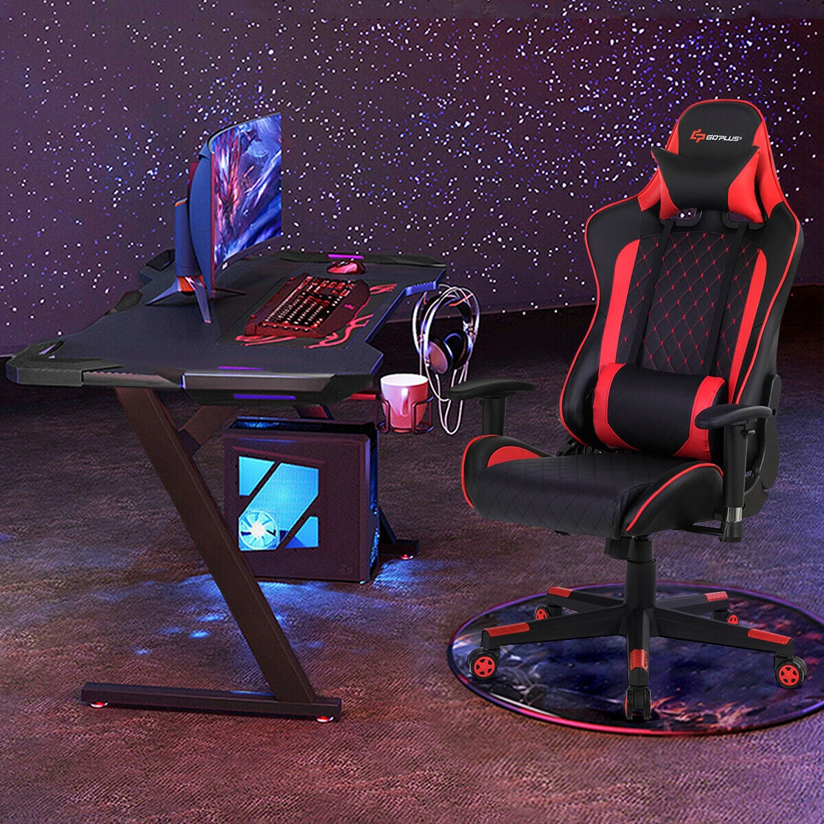Massage Gaming Chair with Lumbar Support and Headrest-Red-Gaming Chairs-DECOROLALA