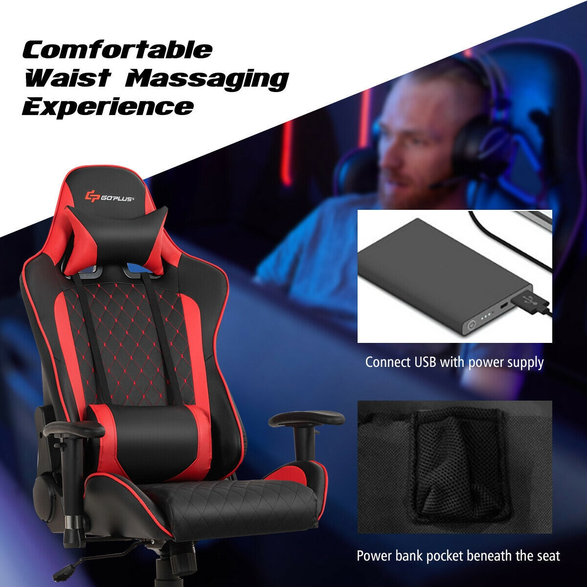 Massage Gaming Chair with Lumbar Support and Headrest-Red-Gaming Chairs-DECOROLALA