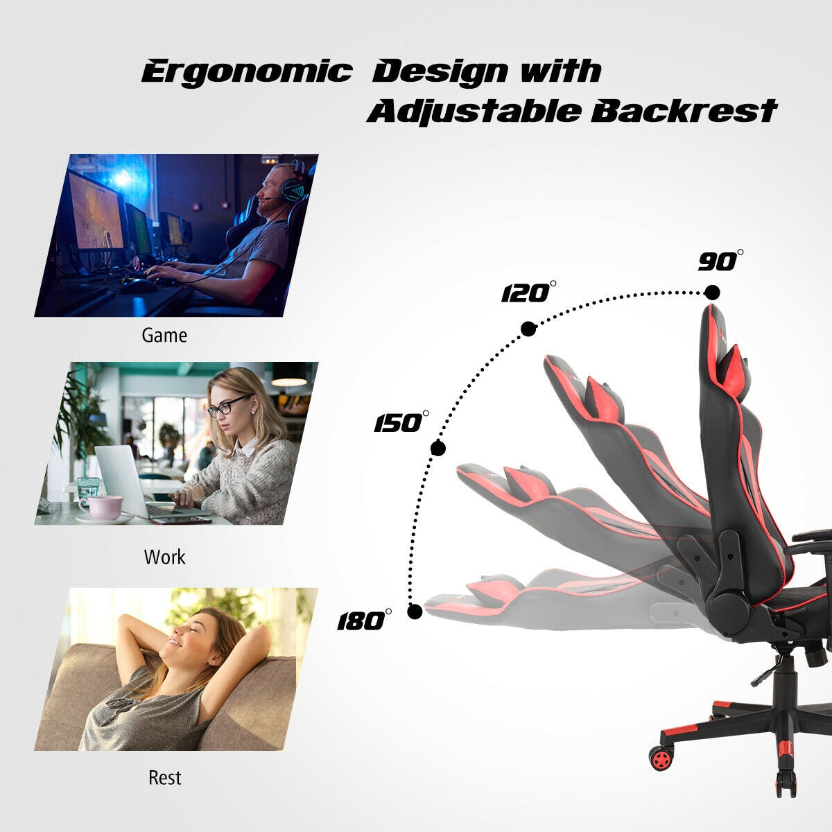 Massage Gaming Chair with Lumbar Support and Headrest-Red-Gaming Chairs-DECOROLALA
