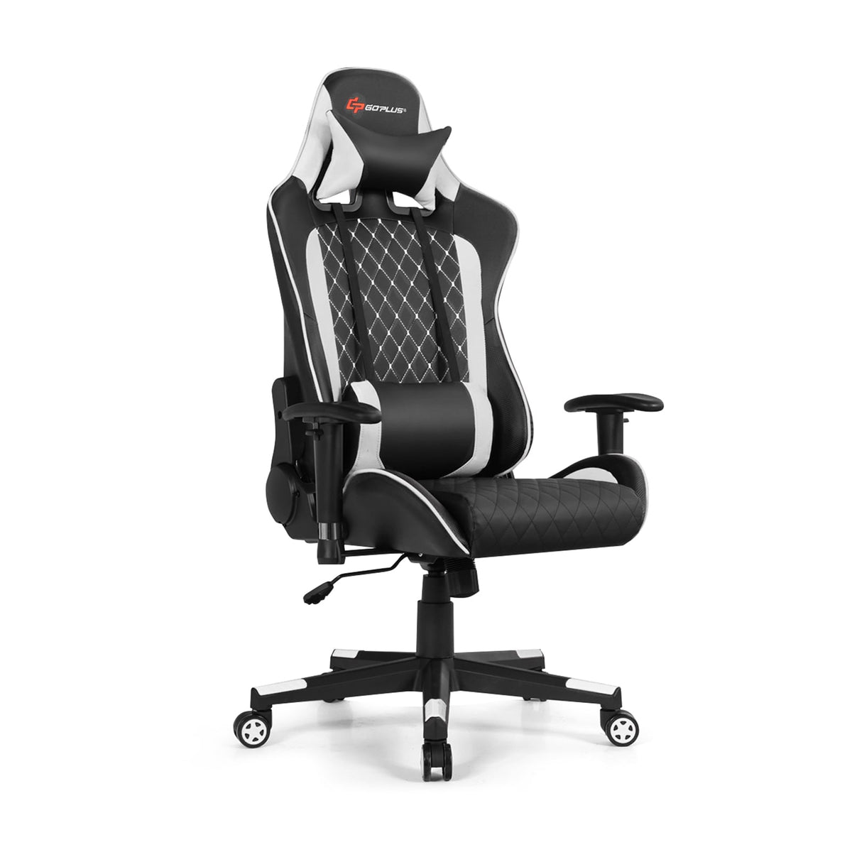 Massage Gaming Chair with Lumbar Support and Headrest-White-Gaming Chairs-DECOROLALA