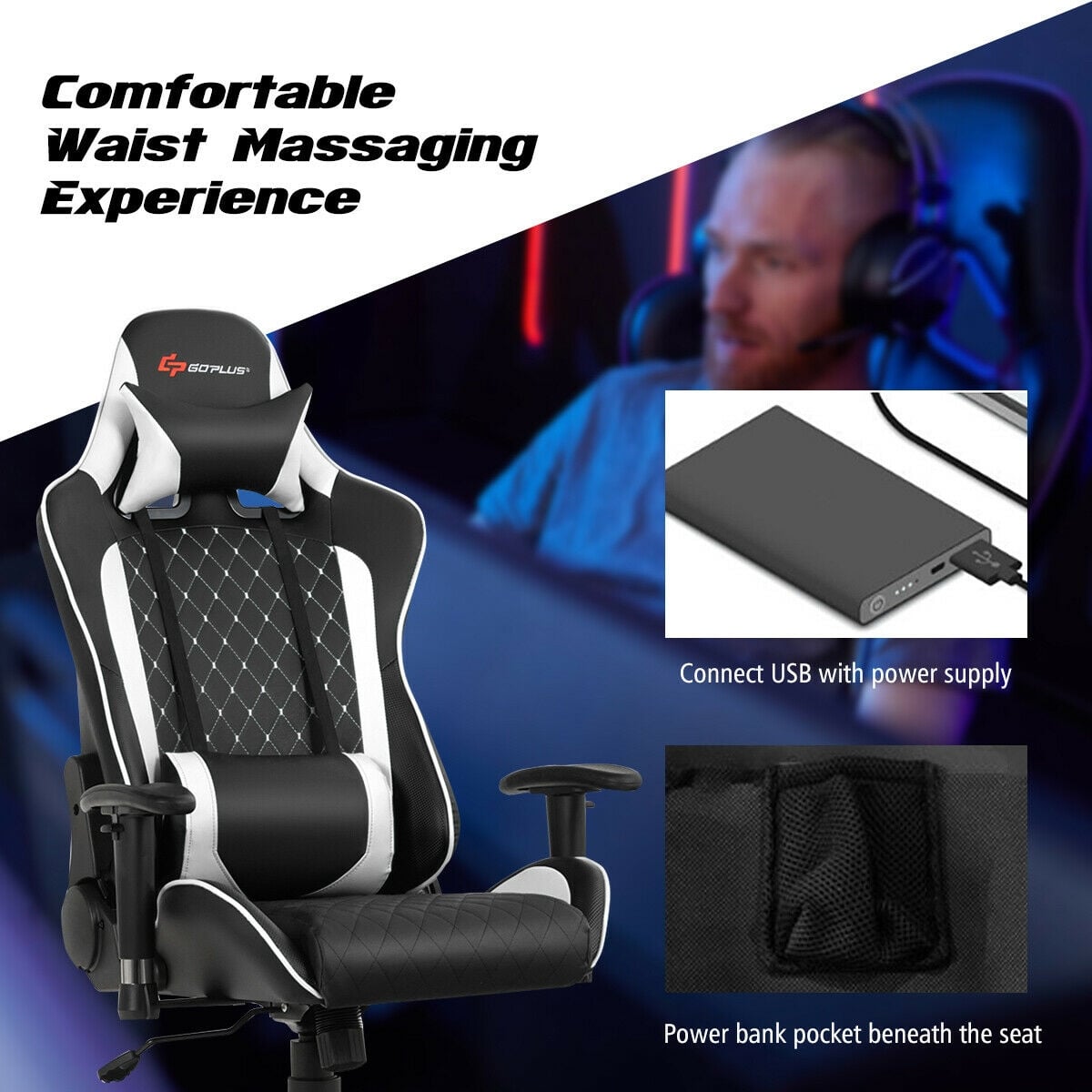 Massage Gaming Chair with Lumbar Support and Headrest-White-Gaming Chairs-DECOROLALA