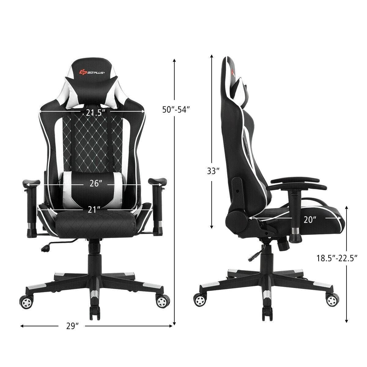 Massage Gaming Chair with Lumbar Support and Headrest-White-Gaming Chairs-DECOROLALA
