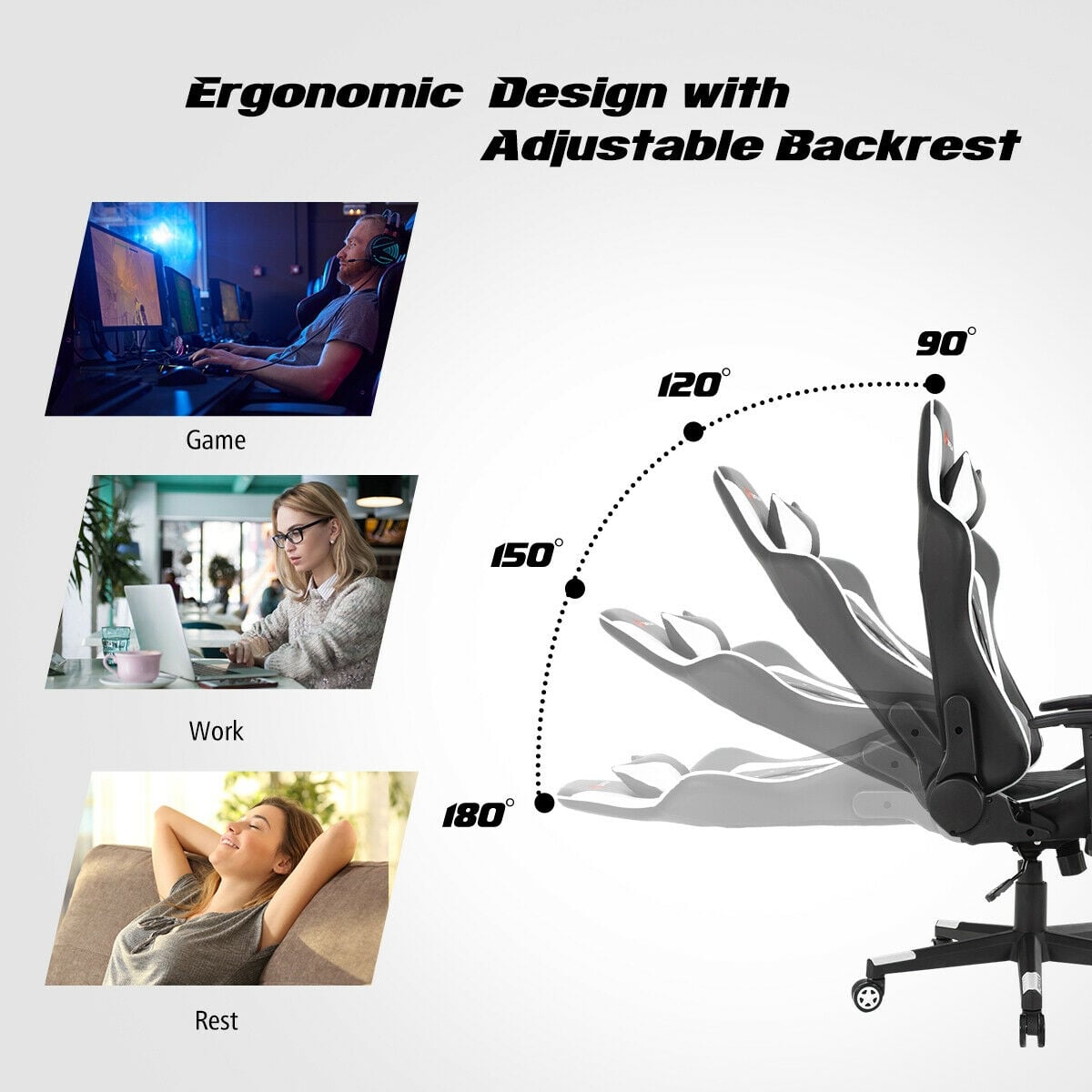 Massage Gaming Chair with Lumbar Support and Headrest-White-Gaming Chairs-DECOROLALA
