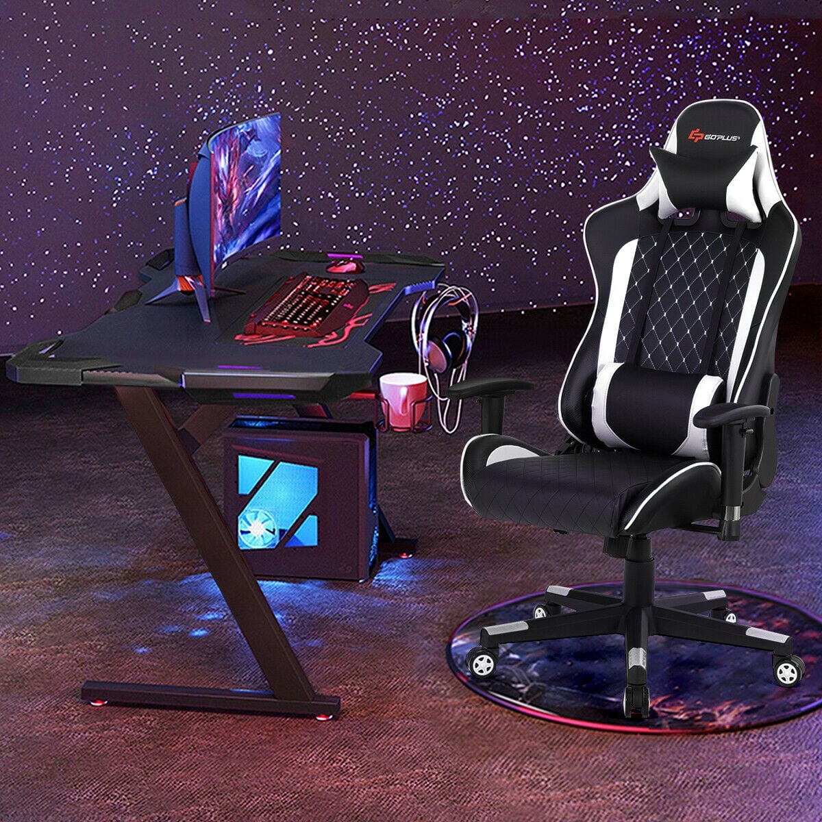 Massage Gaming Chair with Lumbar Support and Headrest-White-Gaming Chairs-DECOROLALA