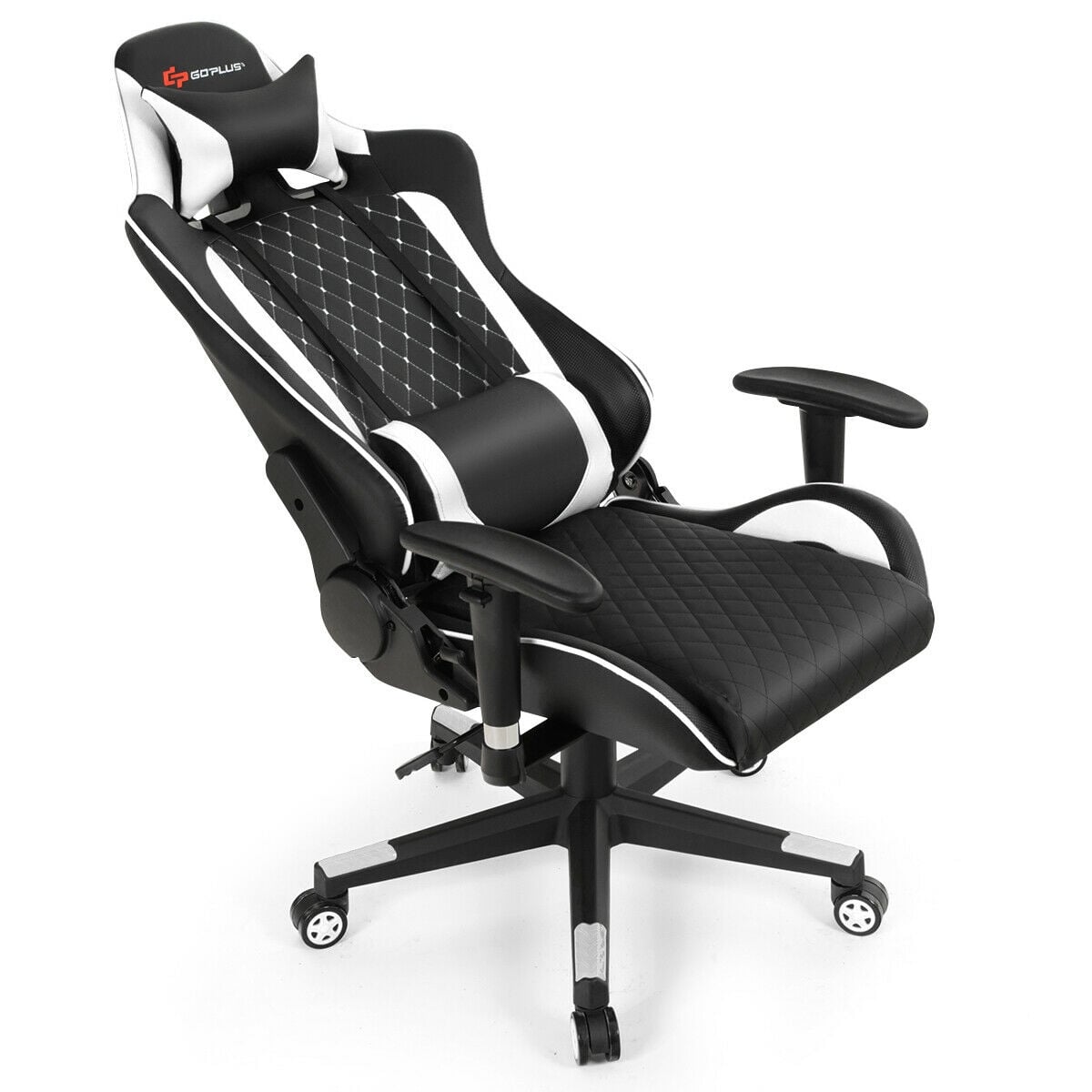 Massage Gaming Chair with Lumbar Support and Headrest-White-Gaming Chairs-DECOROLALA