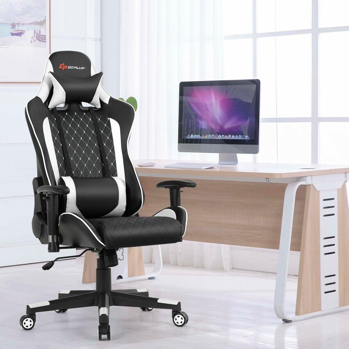 Massage Gaming Chair with Lumbar Support and Headrest-White-Gaming Chairs-DECOROLALA