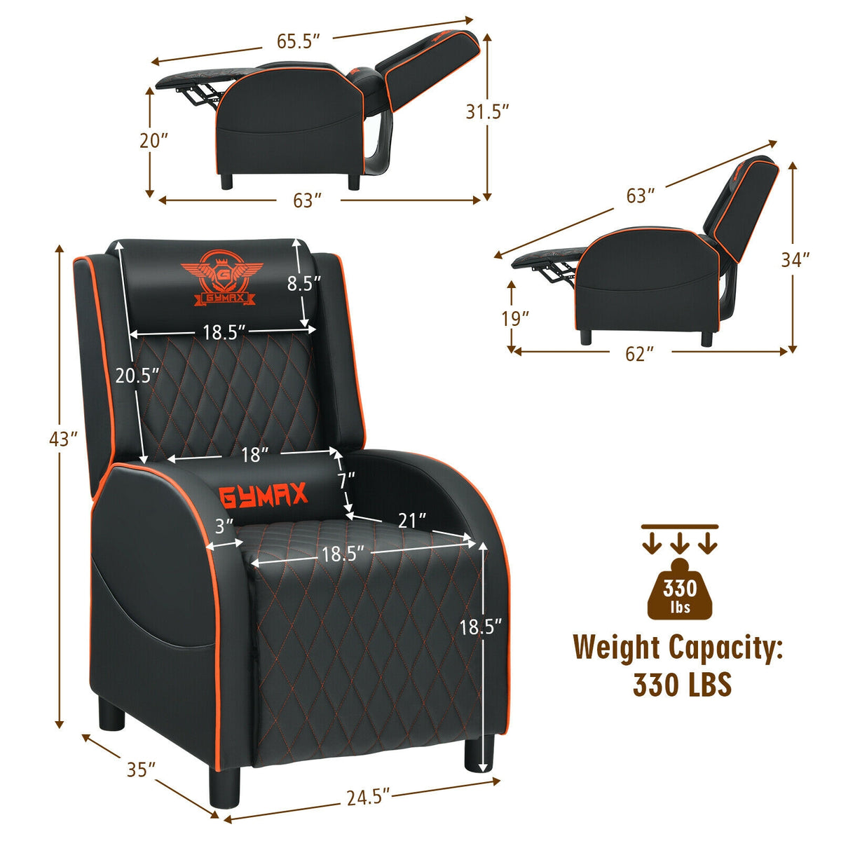 Massage Gaming Recliner Chair with Headrest and Adjustable Backrest for Home Theater-Orange-Gaming Chairs-DECOROLALA