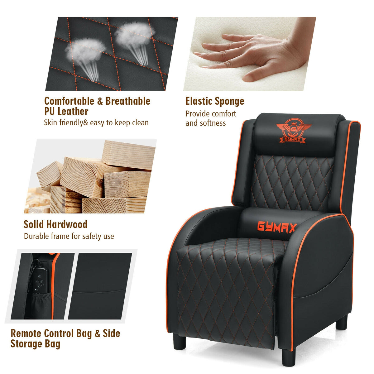 Massage Gaming Recliner Chair with Headrest and Adjustable Backrest for Home Theater-Orange-Gaming Chairs-DECOROLALA