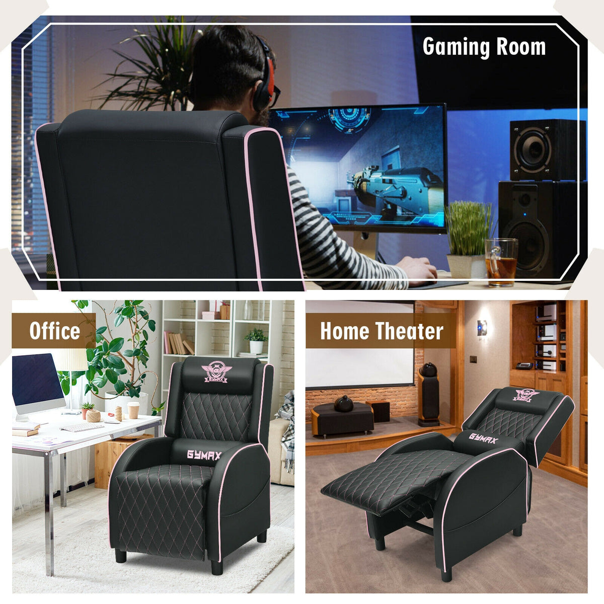 Massage Gaming Recliner Chair with Headrest and Adjustable Backrest for Home Theater-Pink-Gaming Chairs-DECOROLALA