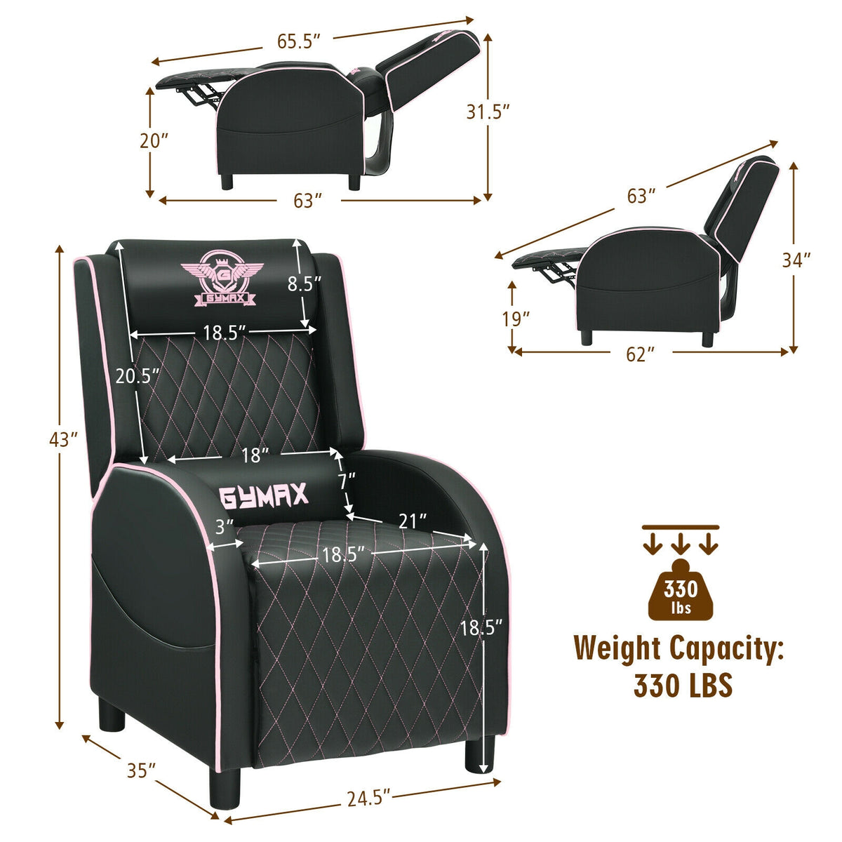 Massage Gaming Recliner Chair with Headrest and Adjustable Backrest for Home Theater-Pink-Gaming Chairs-DECOROLALA