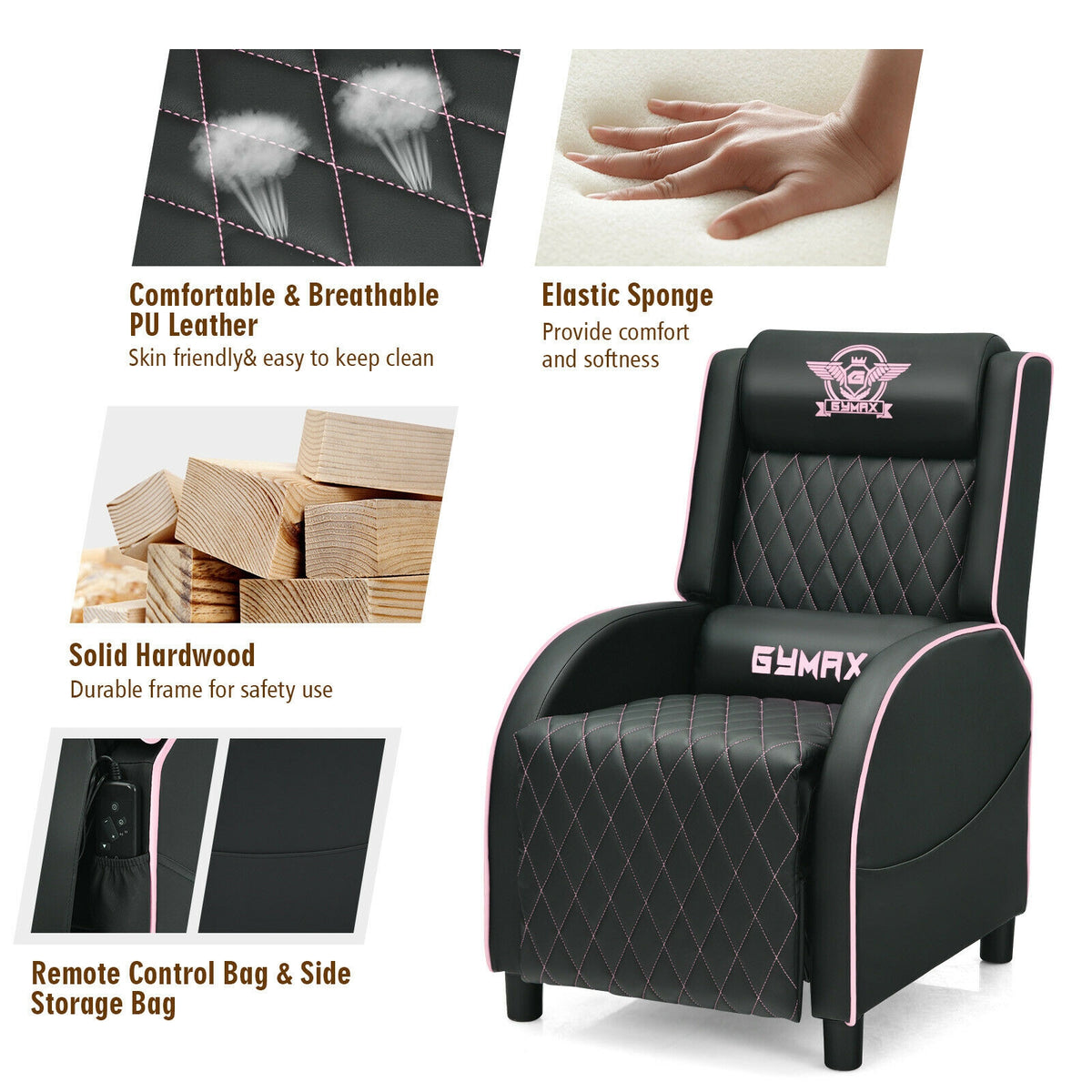 Massage Gaming Recliner Chair with Headrest and Adjustable Backrest for Home Theater-Pink-Gaming Chairs-DECOROLALA