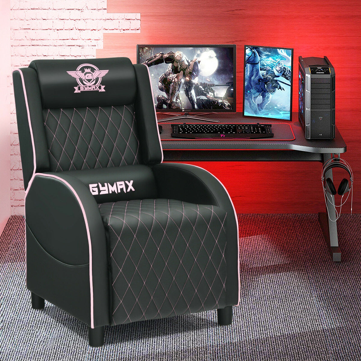 Massage Gaming Recliner Chair with Headrest and Adjustable Backrest for Home Theater-Pink-Gaming Chairs-DECOROLALA