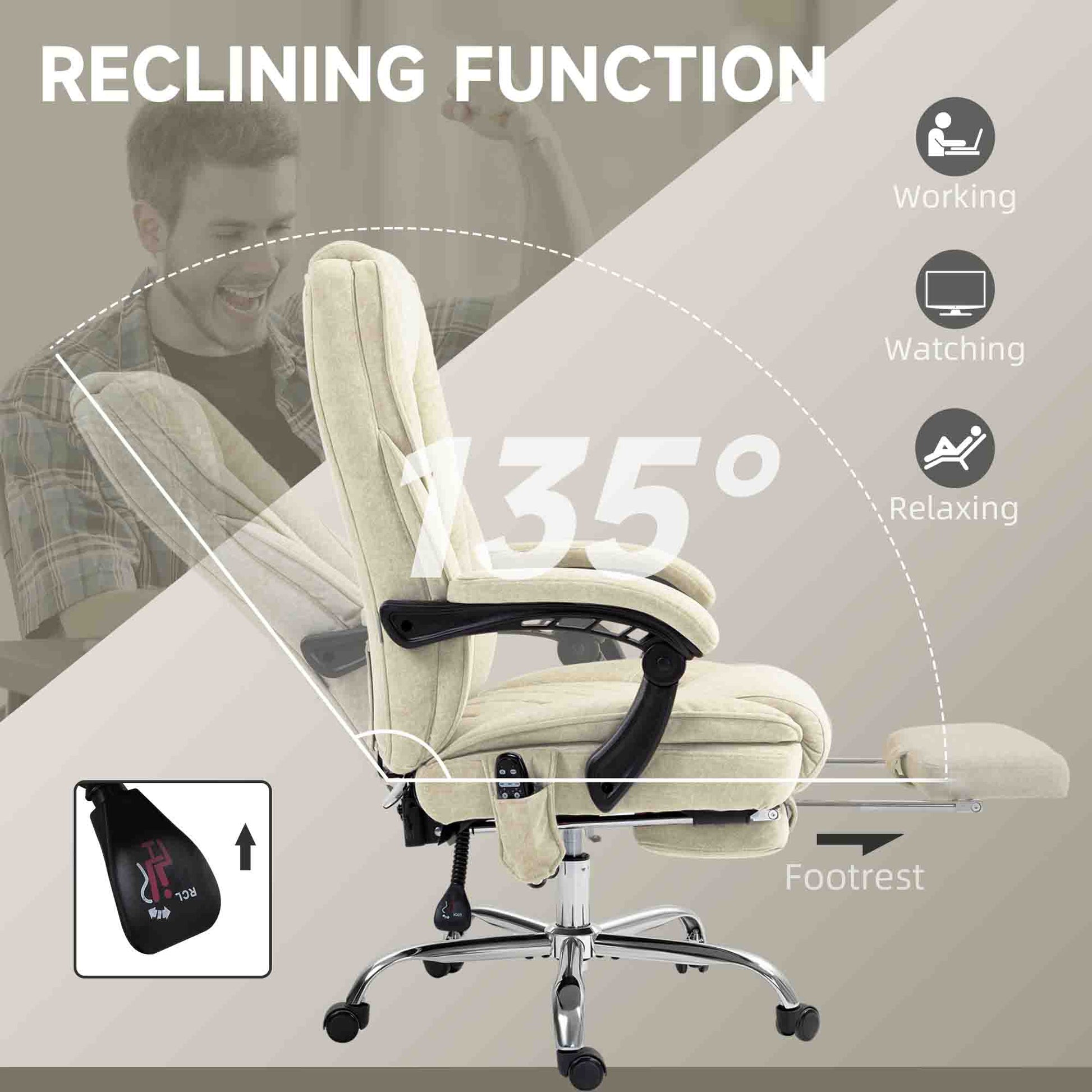 Massage Office Chair - Beige Velvet Reclining with Footrest-DECOROLALA