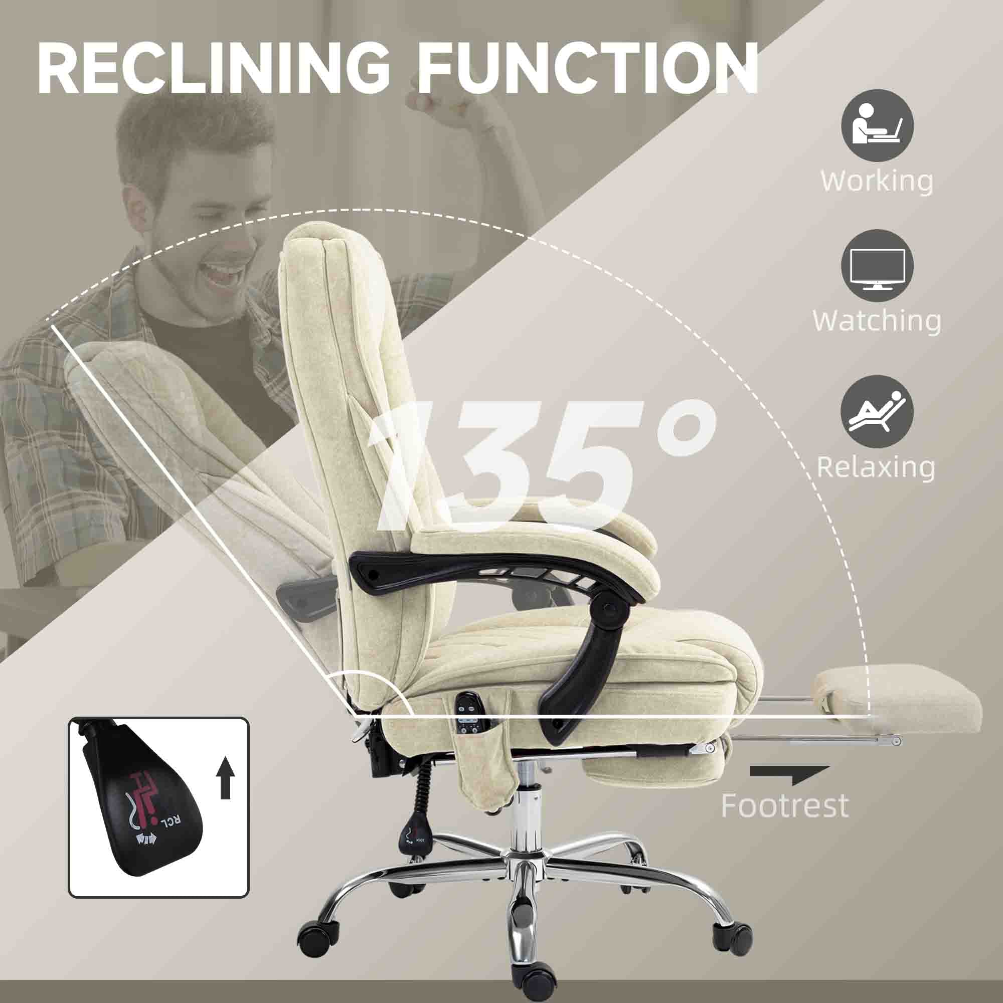 Massage Office Chair - Beige Velvet Reclining with Footrest-DECOROLALA