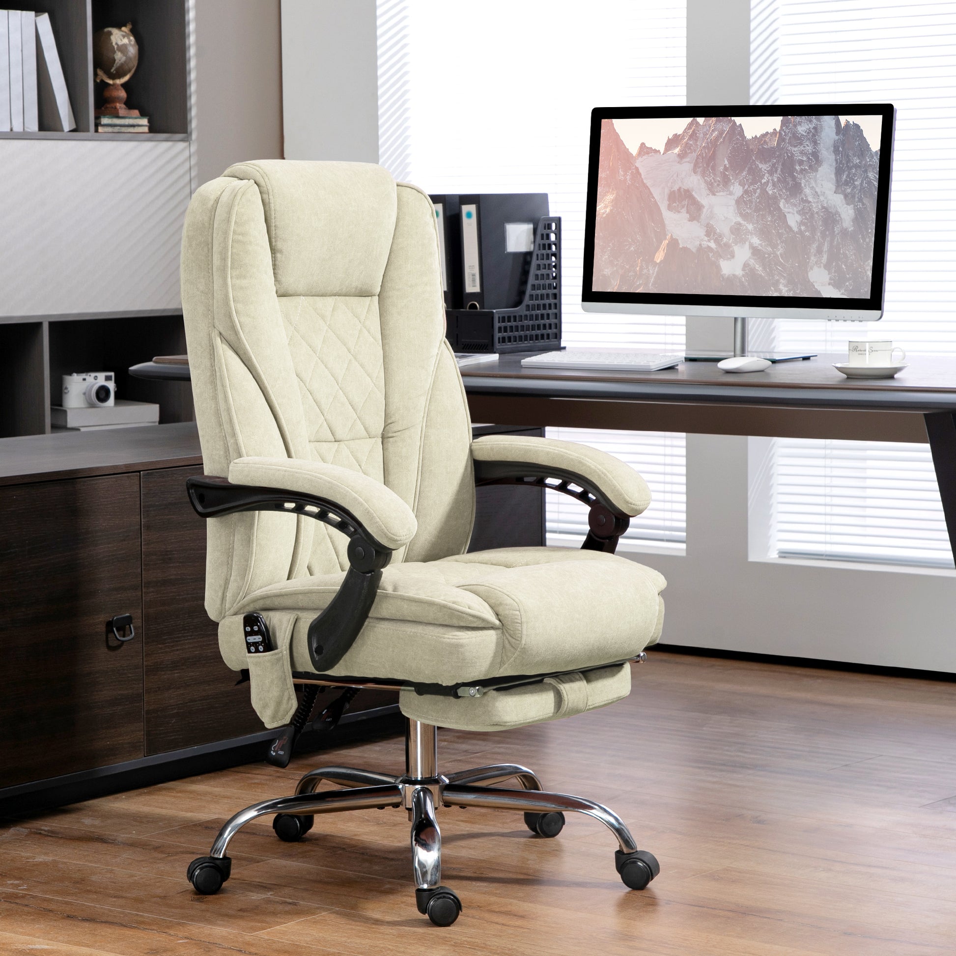 Massage Office Chair - Beige Velvet Reclining with Footrest-DECOROLALA