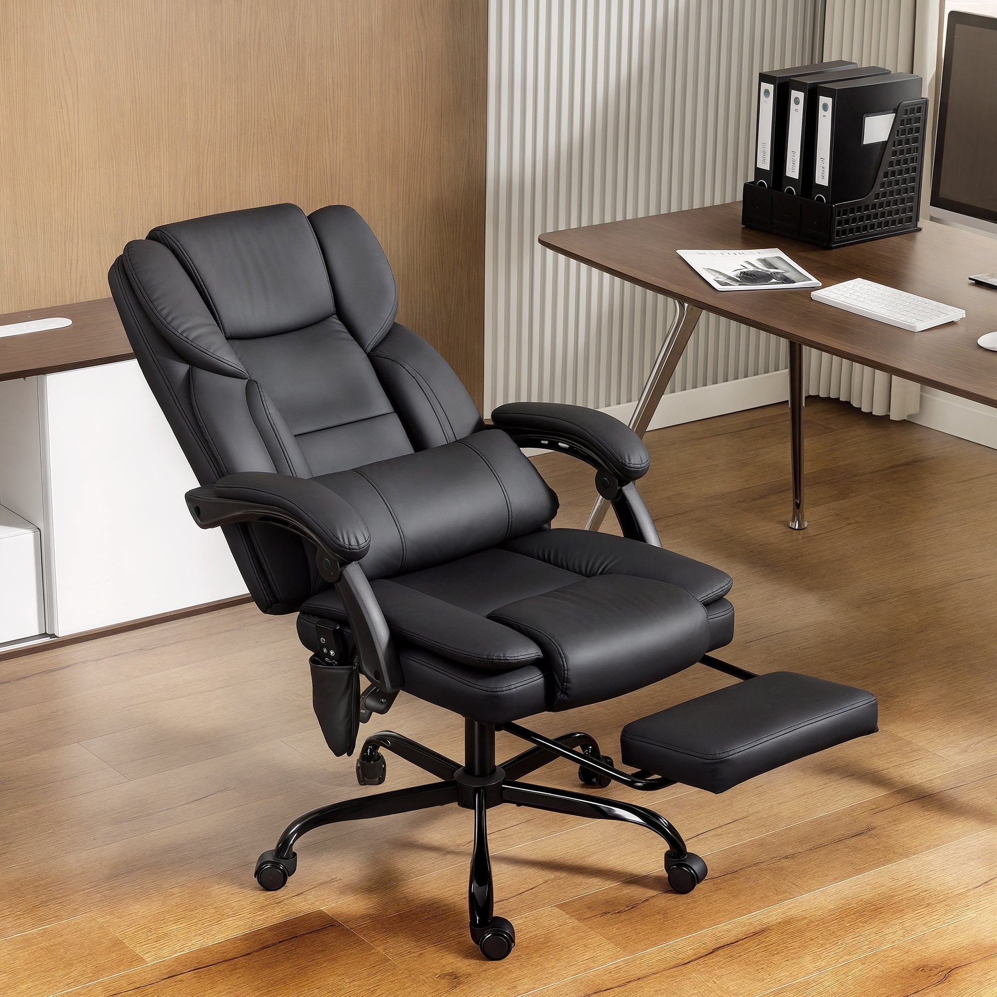 Massage Office Chair - Black Reclining Faux Leather-DECOROLALA