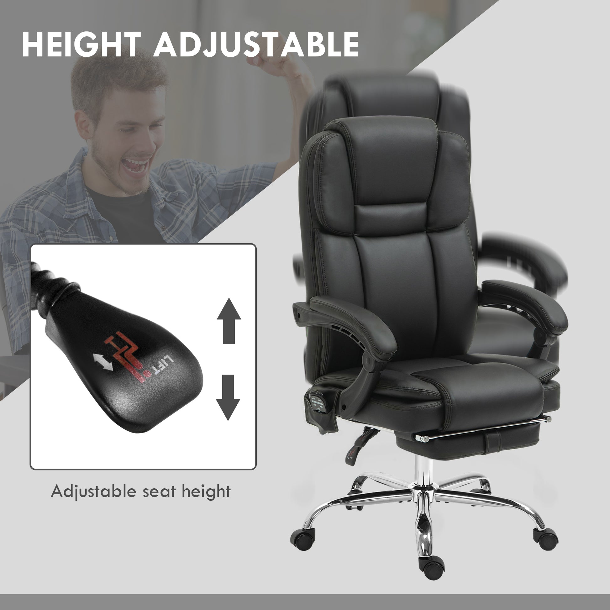 Massage Office Chair - Black Reclining PU Leather High Back-DECOROLALA