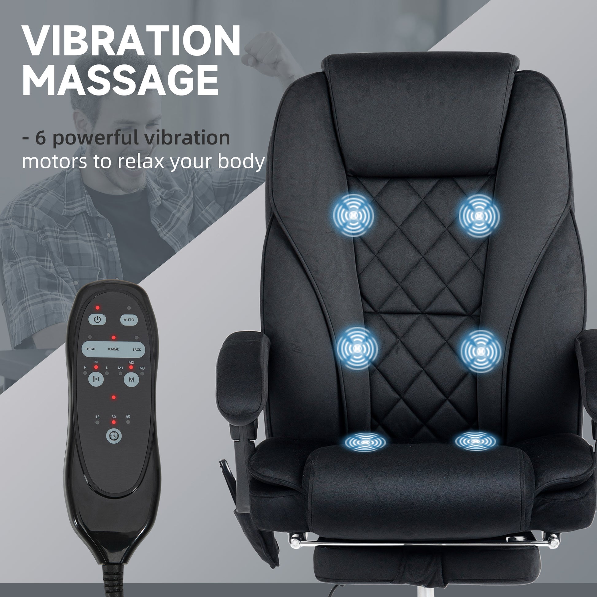 Massage Office Chair - Black Velvet Reclining with Footrest-DECOROLALA
