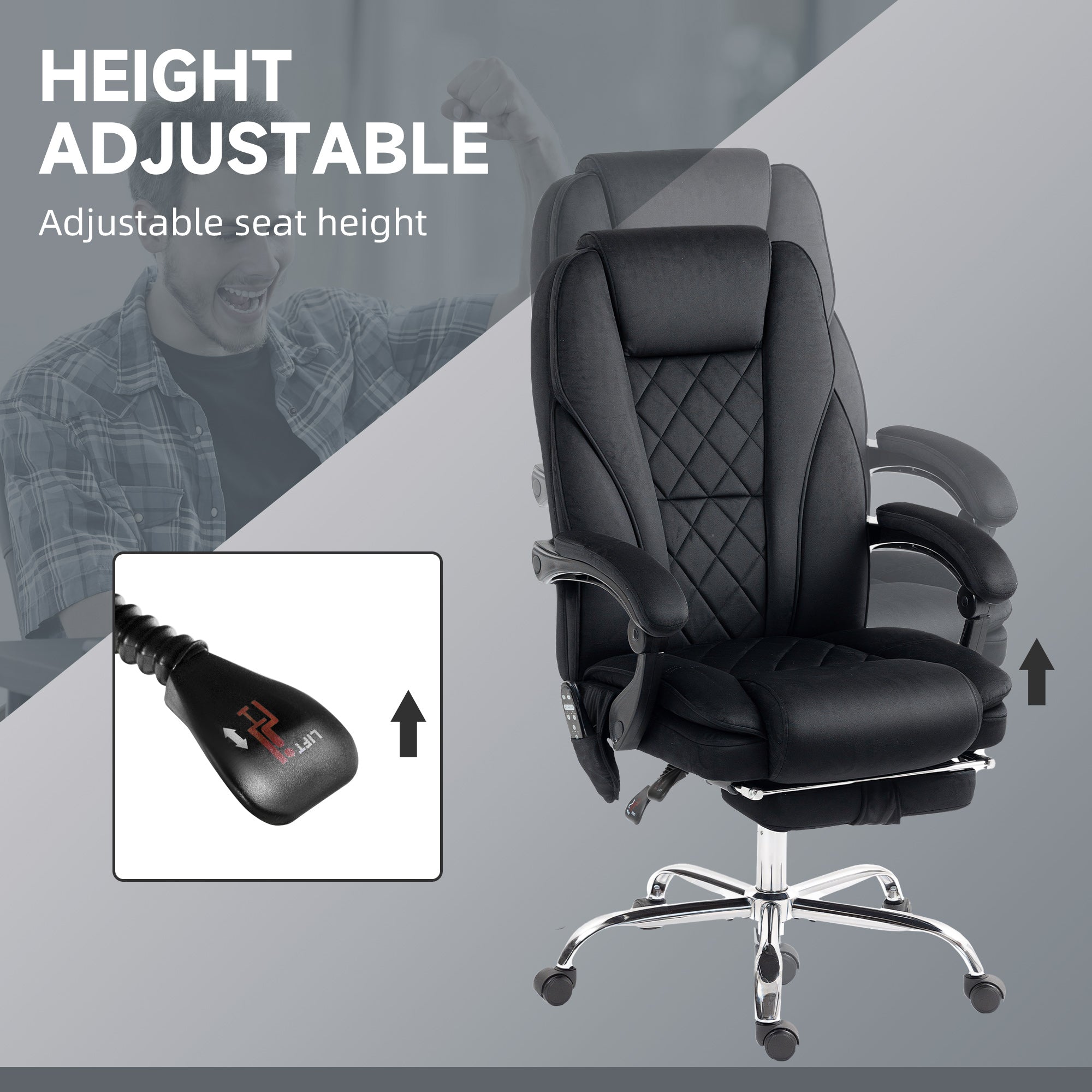 Massage Office Chair - Black Velvet Reclining with Footrest-DECOROLALA