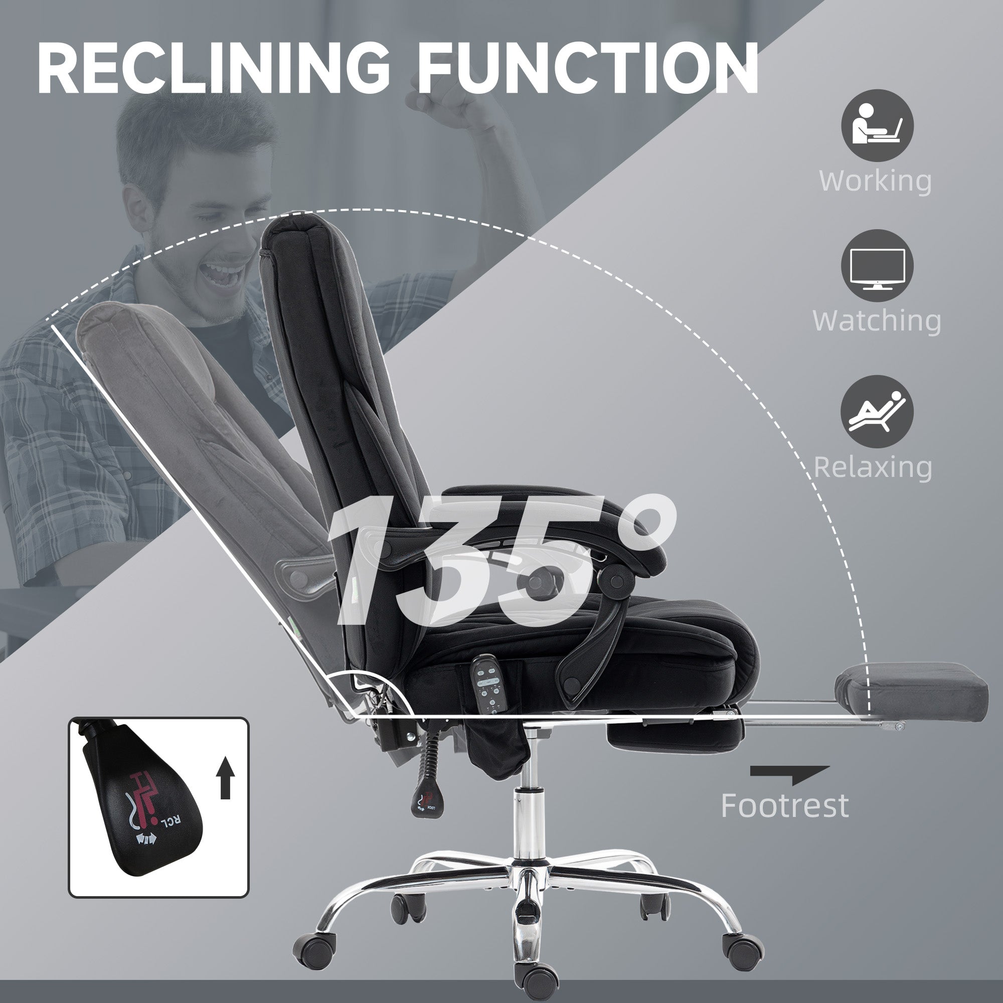 Massage Office Chair - Black Velvet Reclining with Footrest-DECOROLALA