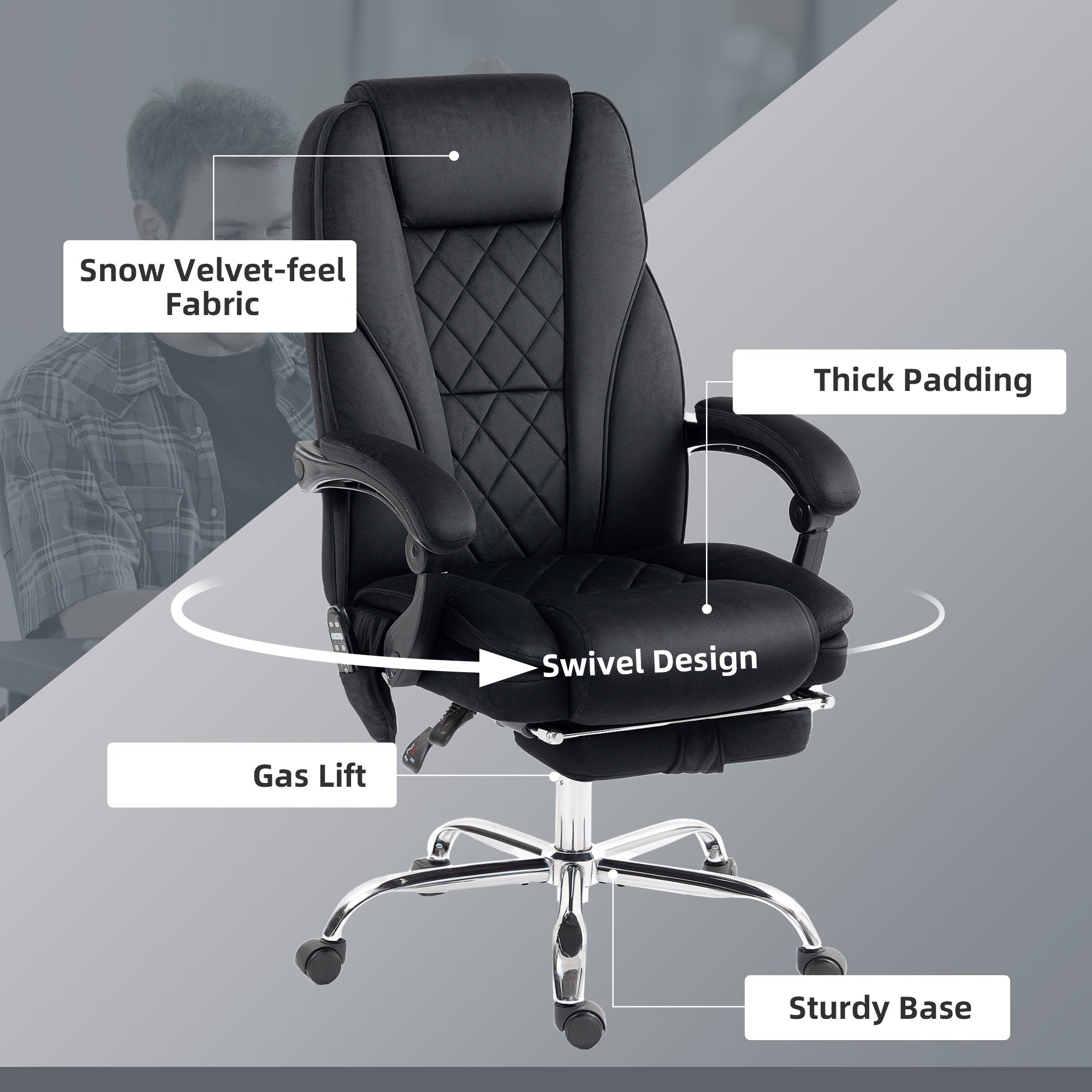 Massage Office Chair - Black Velvet Reclining with Footrest-DECOROLALA