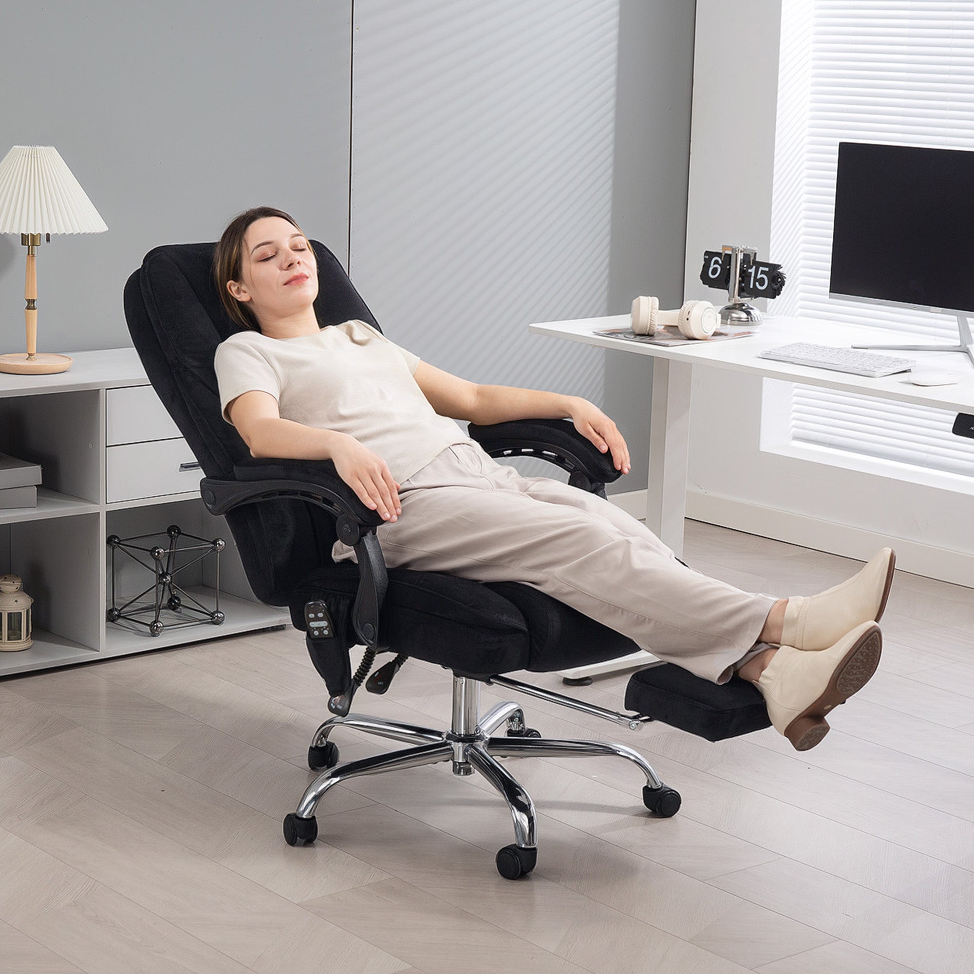 Massage Office Chair - Black Velvet Reclining with Footrest-DECOROLALA