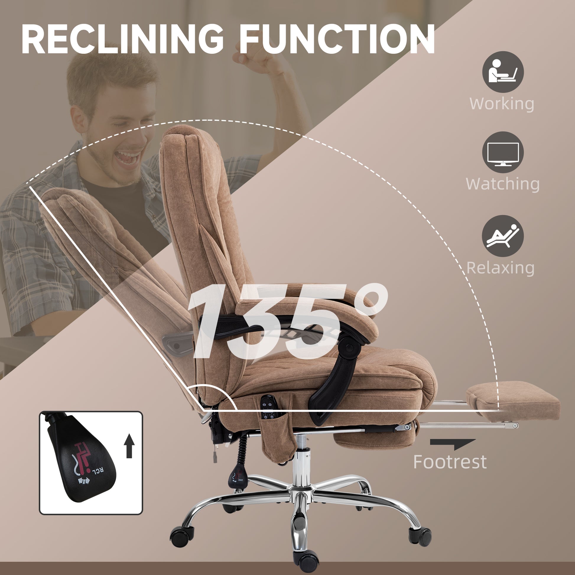 Massage Office Chair - Brown Reclining Velvet with Footrest-DECOROLALA