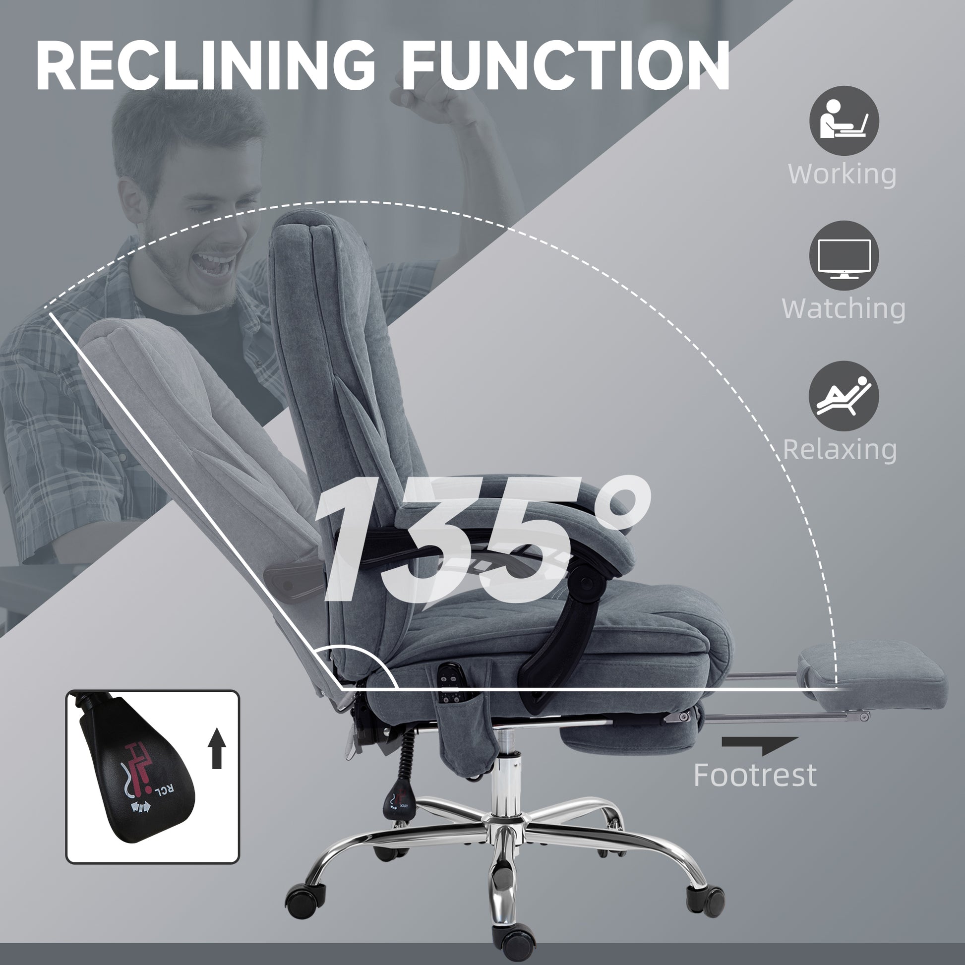 Massage Office Chair - Dark Grey Velvet Reclining with Footrest-DECOROLALA