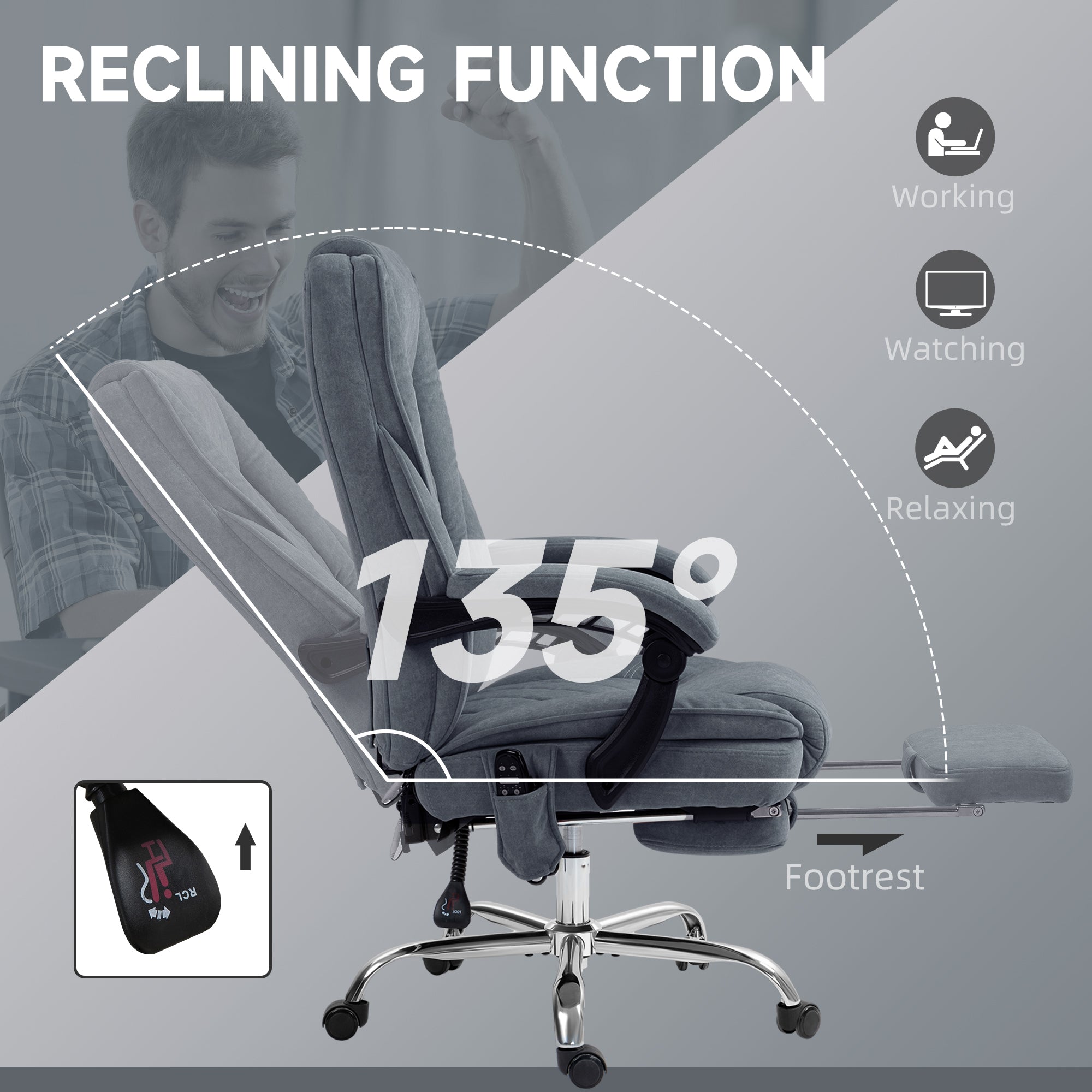 Massage Office Chair - Dark Grey Velvet Reclining with Footrest-DECOROLALA