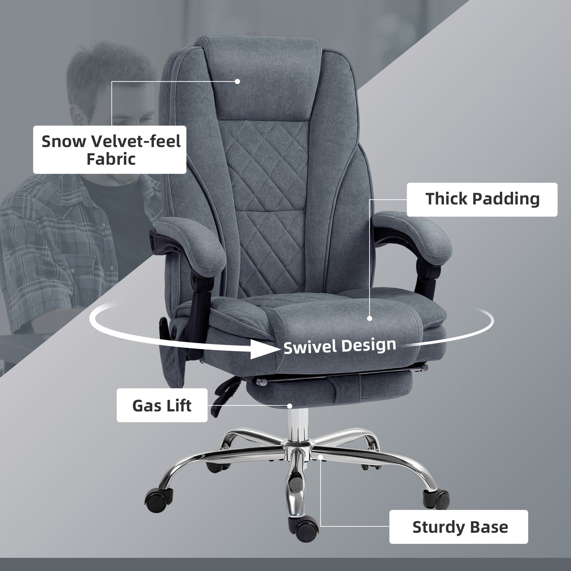 Massage Office Chair - Dark Grey Velvet Reclining with Footrest-DECOROLALA