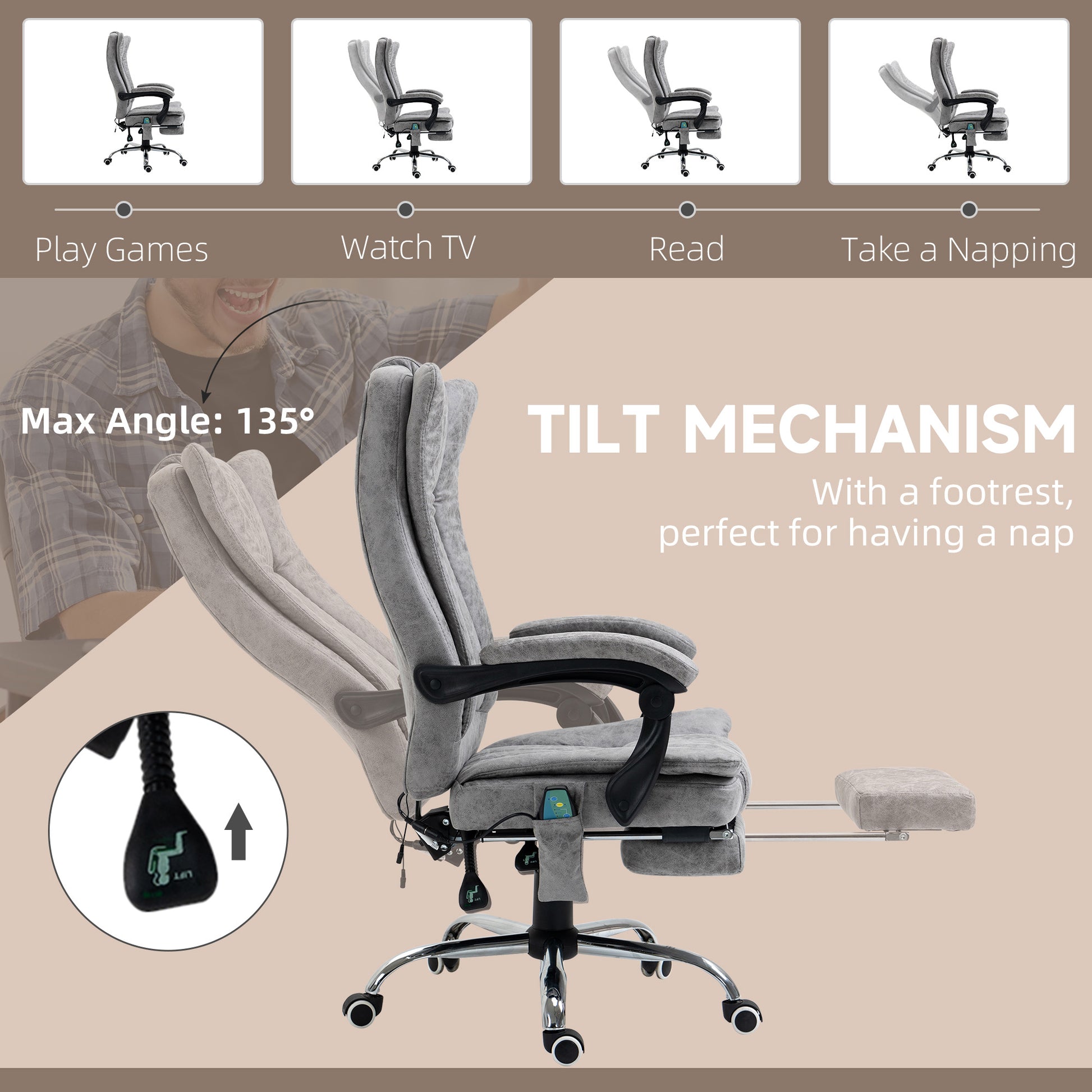 Massage Office Chair Grey Recliner Footrest-DECOROLALA