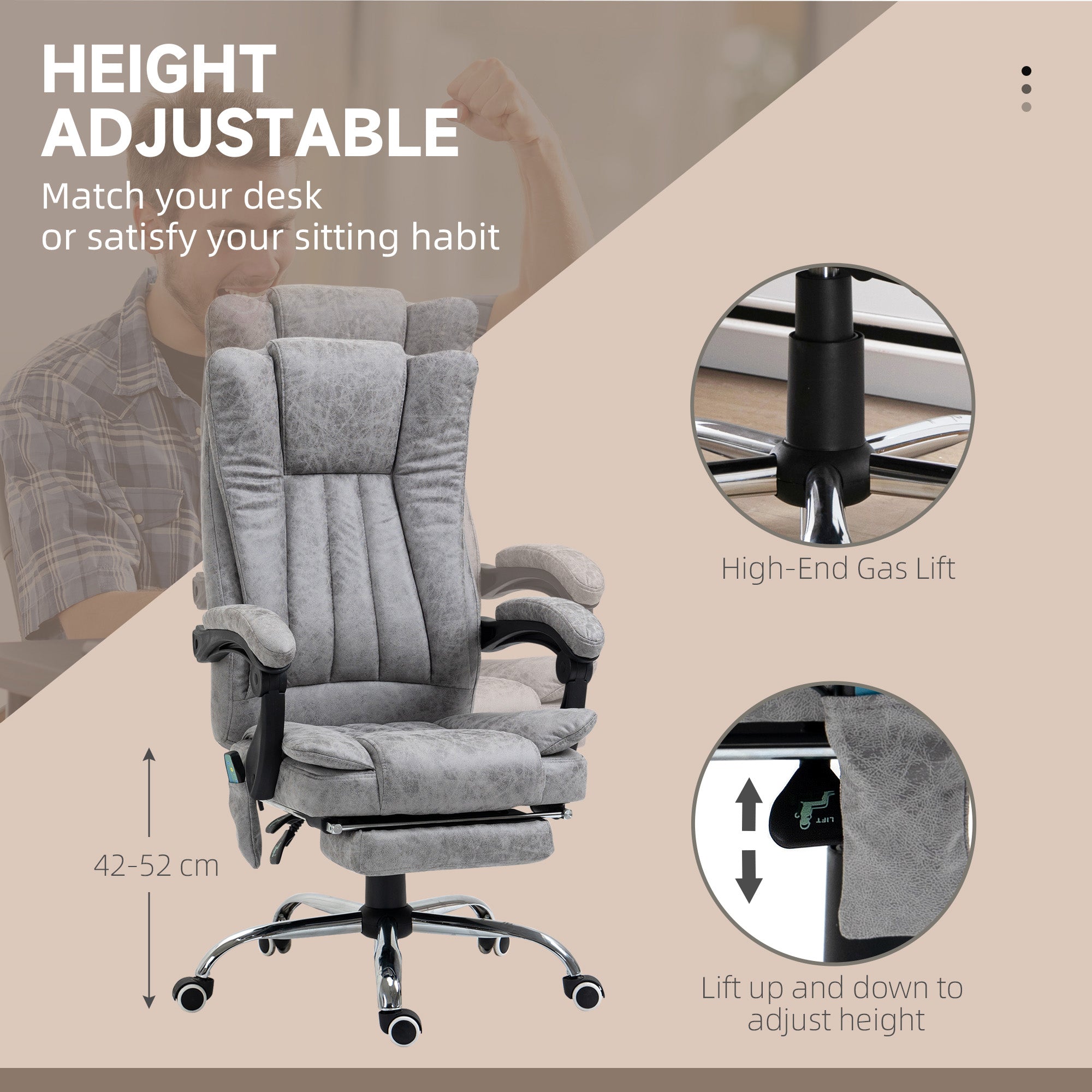Massage Office Chair Grey Recliner Footrest-DECOROLALA