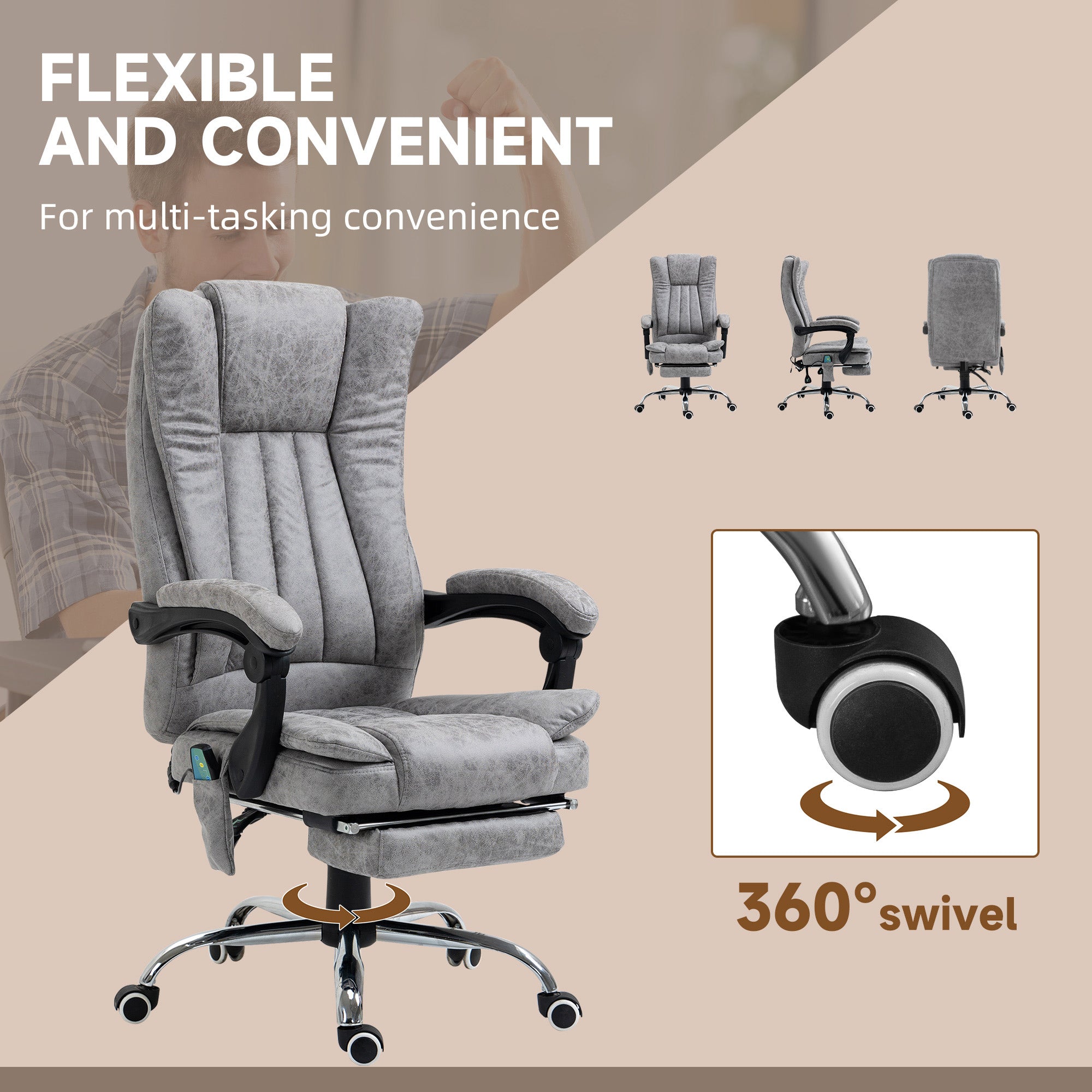 Massage Office Chair Grey Recliner Footrest-DECOROLALA