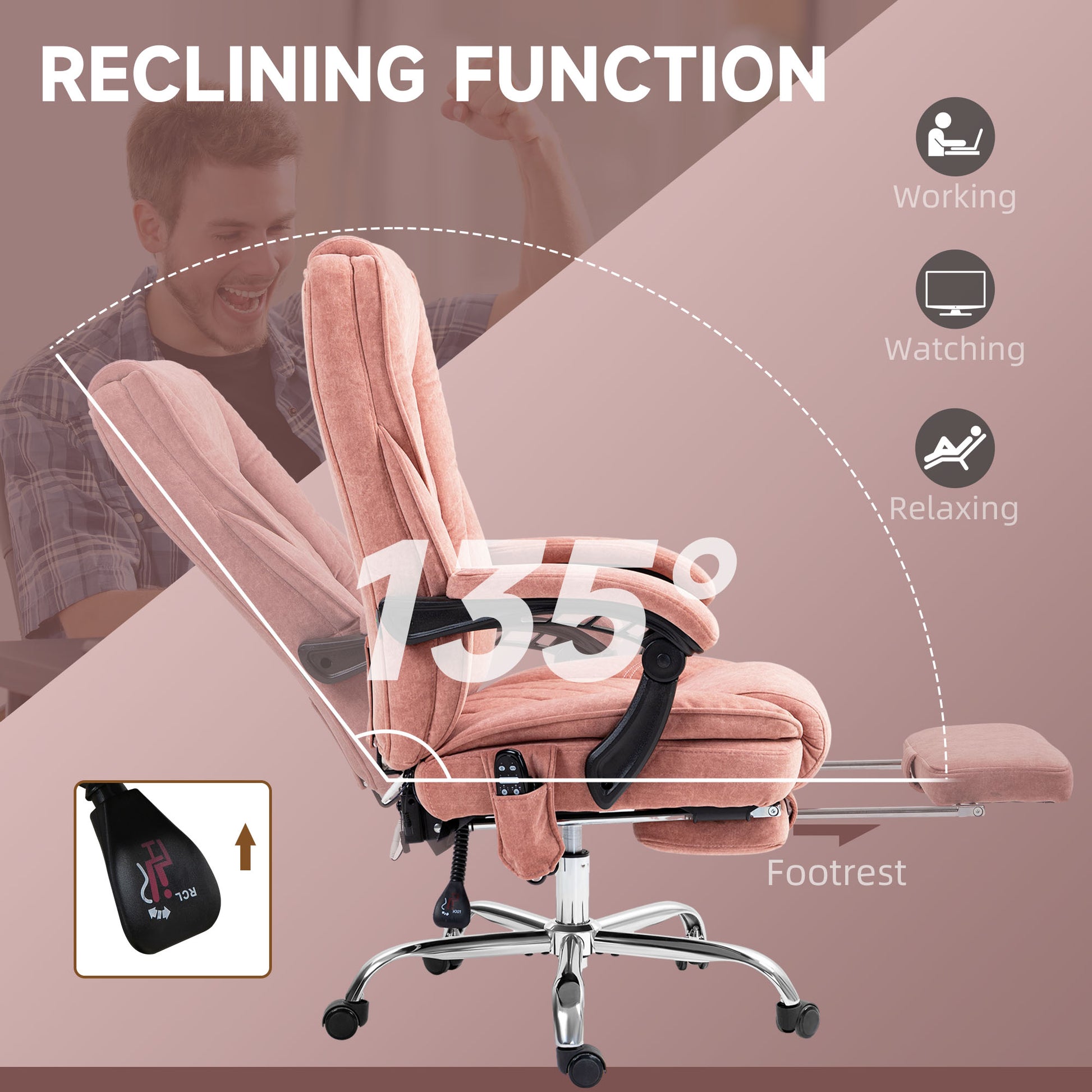 Massage Office Chair - Pink Velvet Reclining with Footrest-Office Products > Office Furniture > Office Chairs > Massage Chairs-DECOROLALA