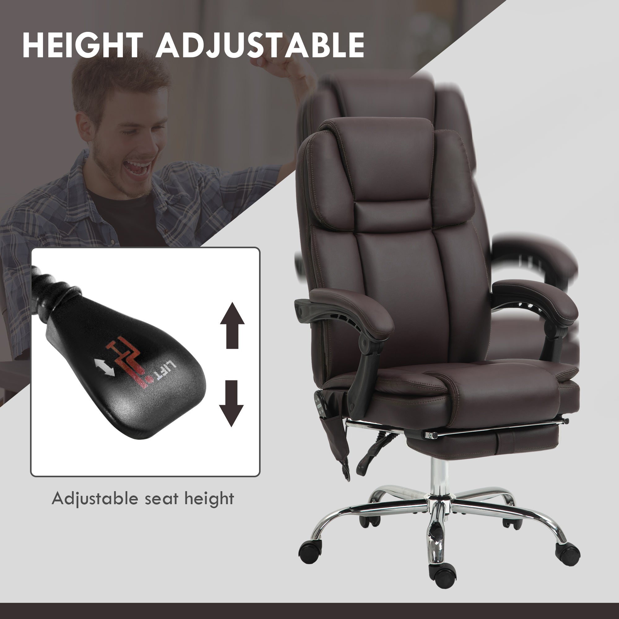 Massage Office Chair - Reclining PU Leather Dark Brown-DECOROLALA