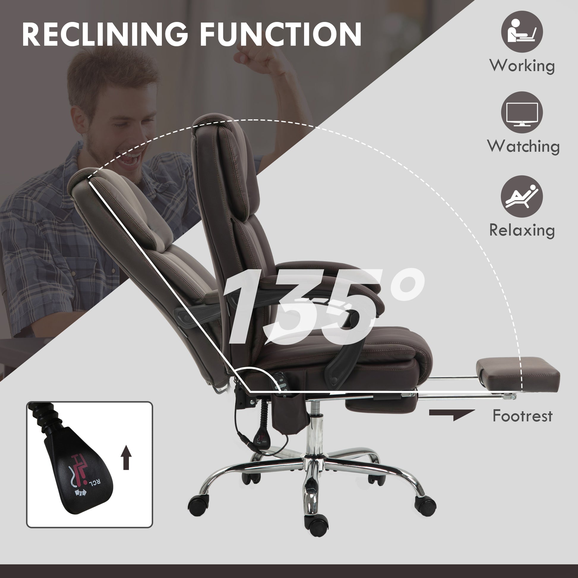 Massage Office Chair - Reclining PU Leather Dark Brown-DECOROLALA