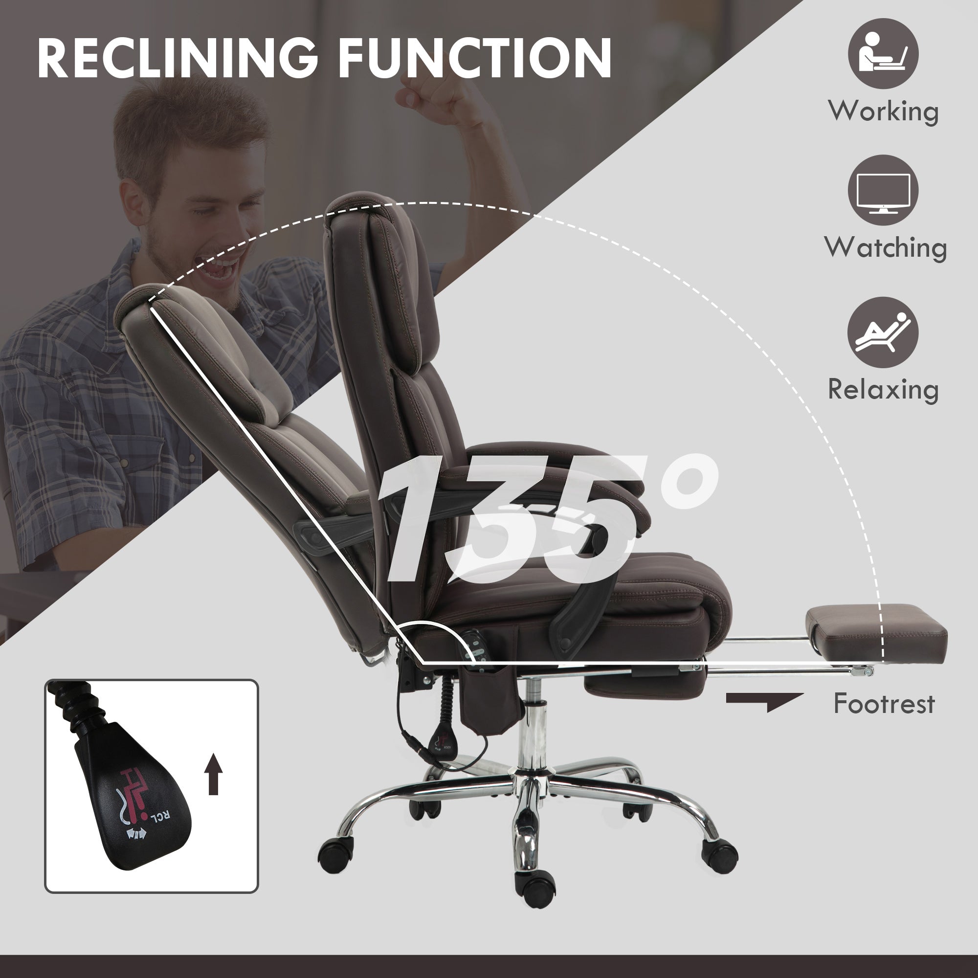 Massage Office Chair - Reclining PU Leather Dark Brown-DECOROLALA
