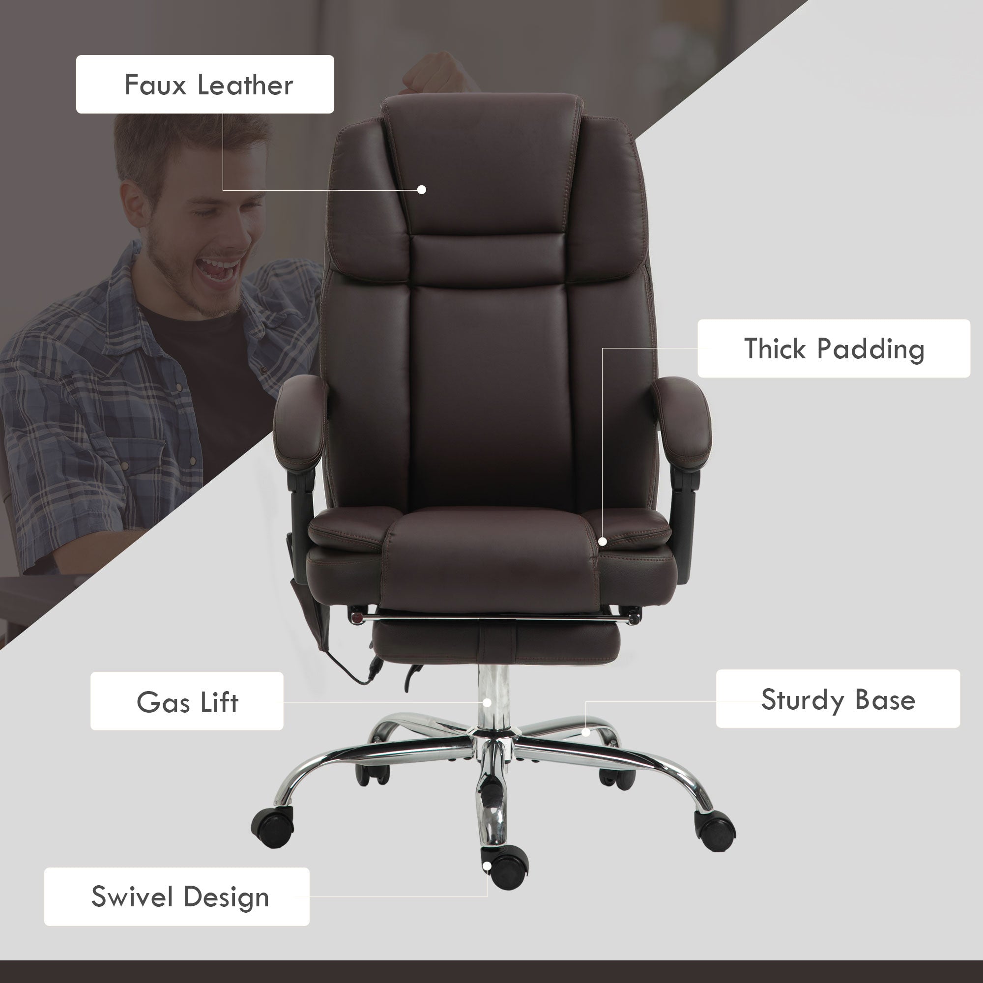 Massage Office Chair - Reclining PU Leather Dark Brown-DECOROLALA