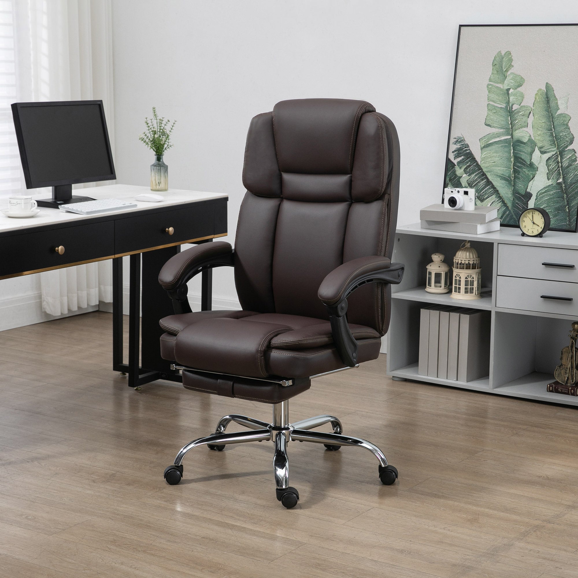 Massage Office Chair - Reclining PU Leather Dark Brown-DECOROLALA