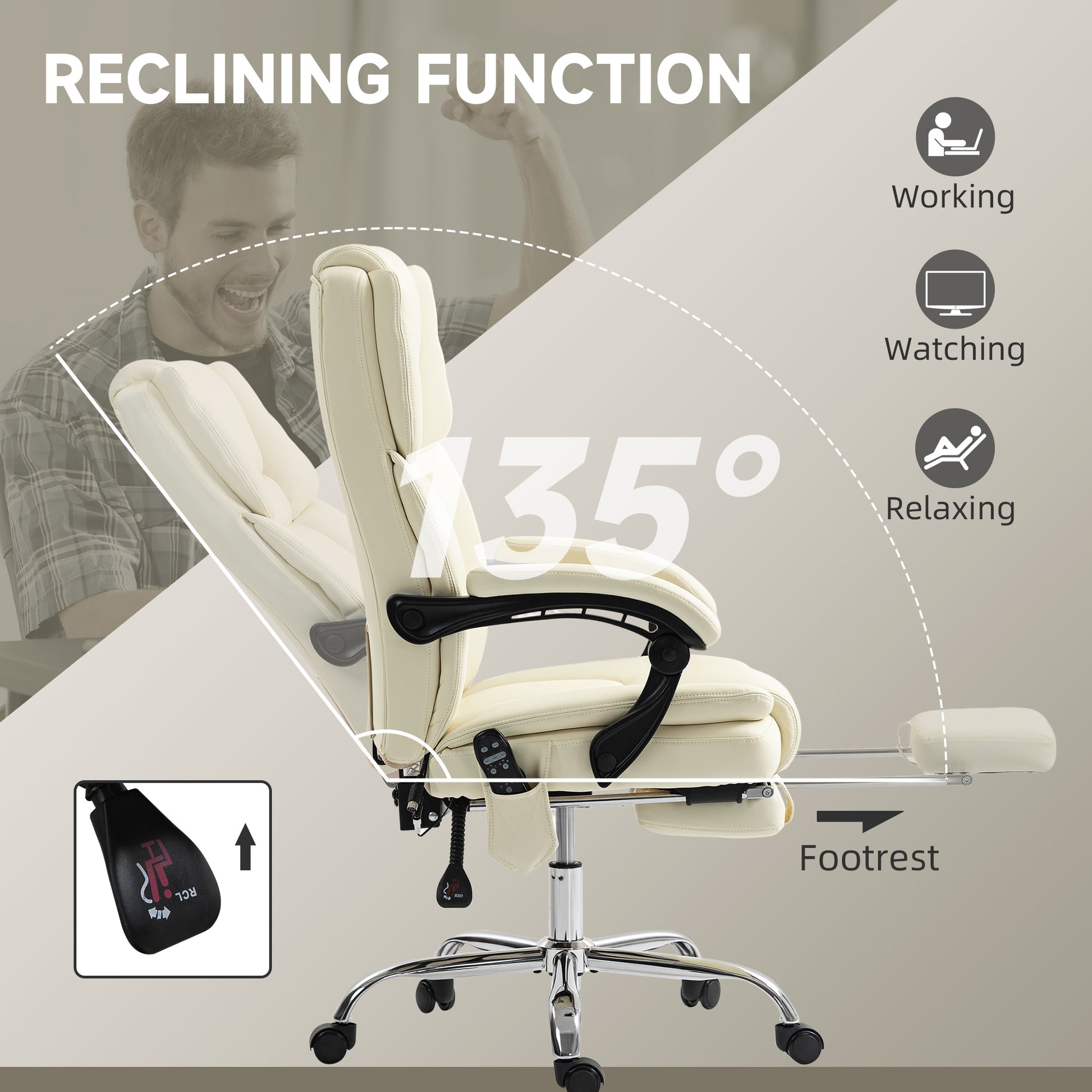 Massage Office Chair - White Reclining PU Leather High Back-DECOROLALA