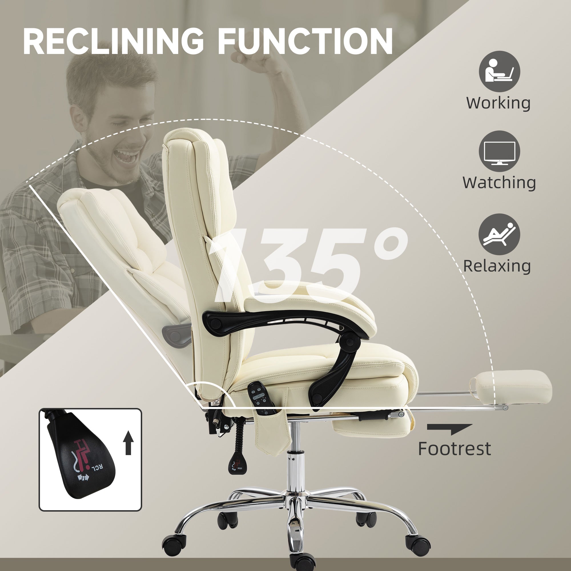 Massage Office Chair - White Reclining PU Leather High Back-DECOROLALA