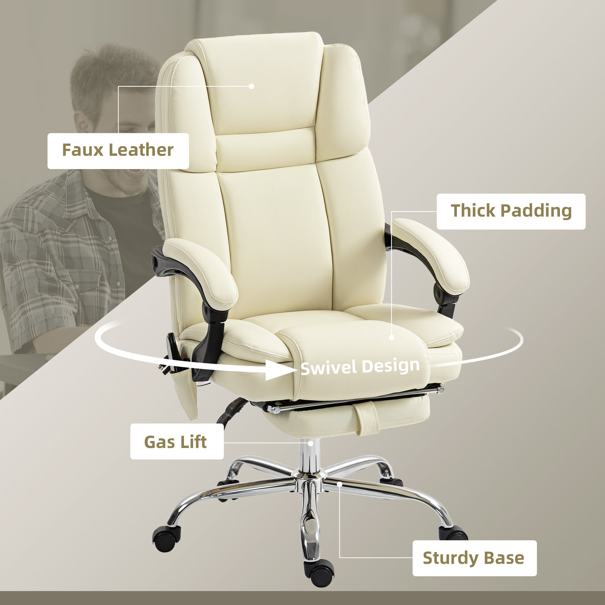 Massage Office Chair - White Reclining PU Leather High Back-DECOROLALA